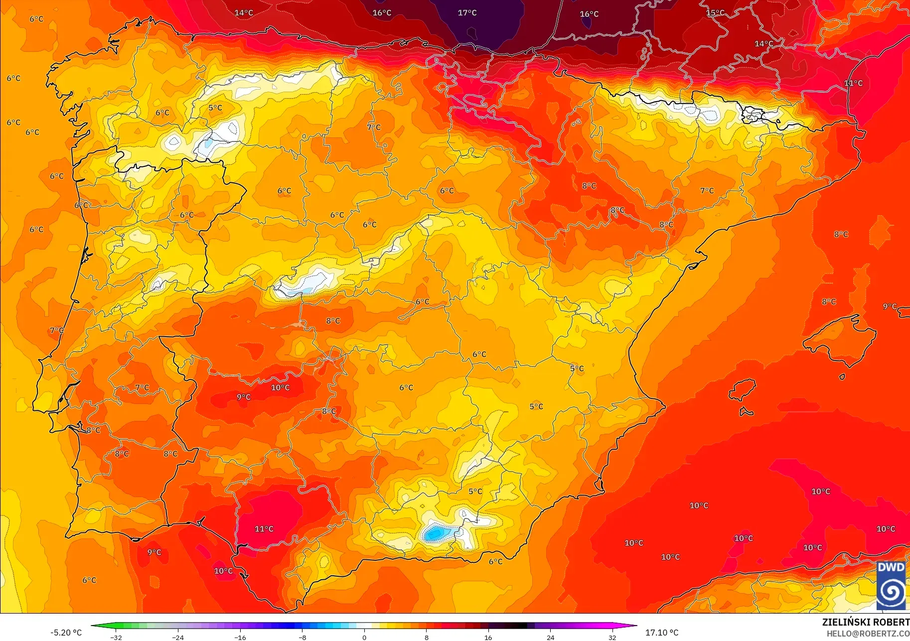 ICON modelo - España, Anomalía de temperatura a 850 hPa