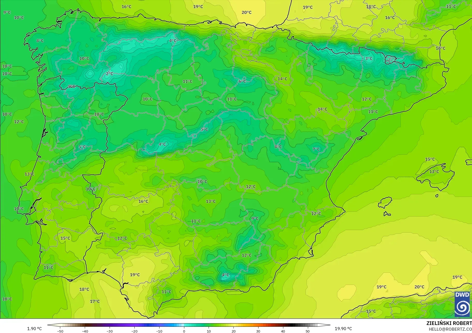 ICON modelo - España, Temperatura a 850 hPa