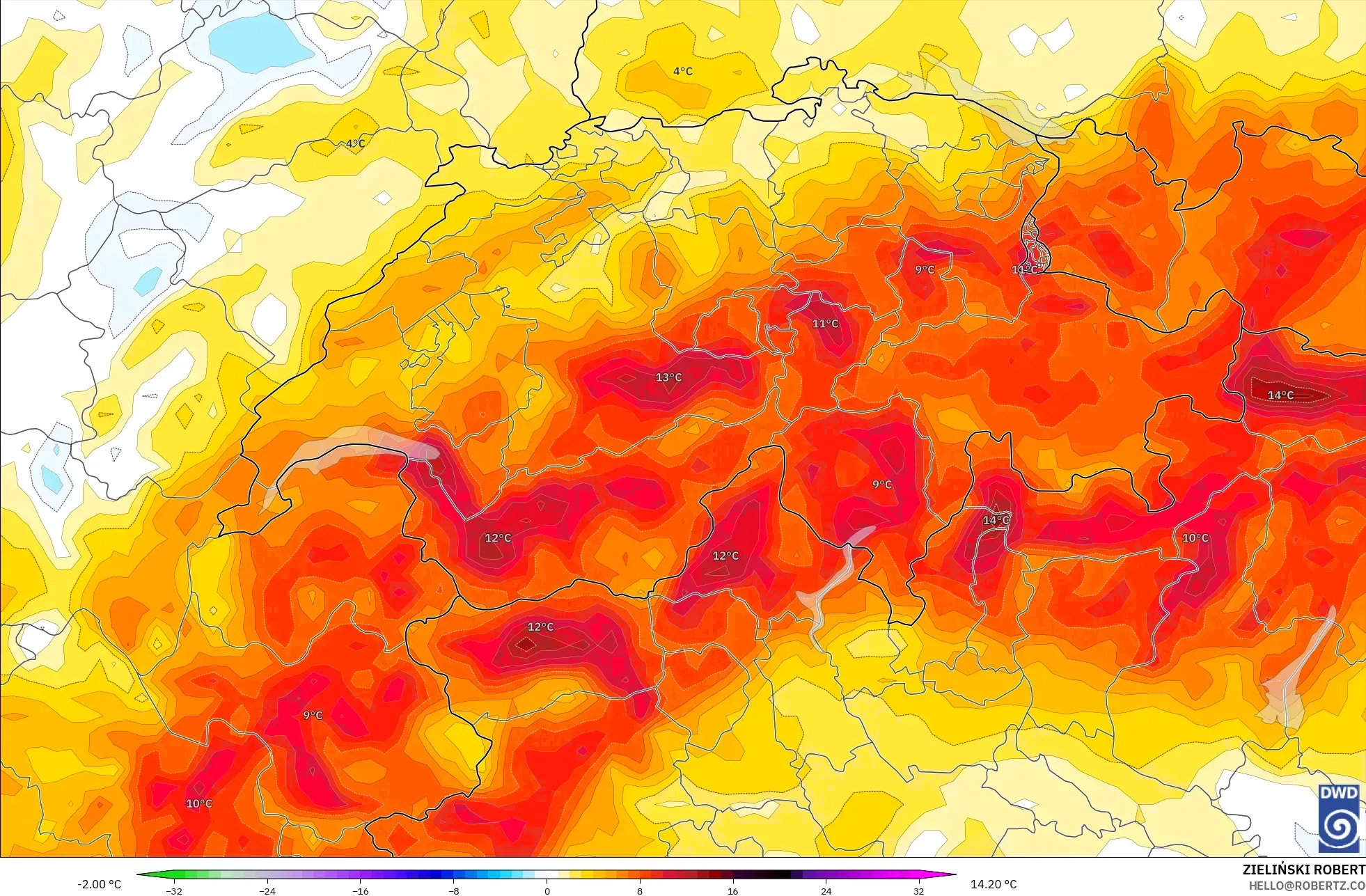 ICON modelo - Suiza, Anomalía de temperatura a 2 m