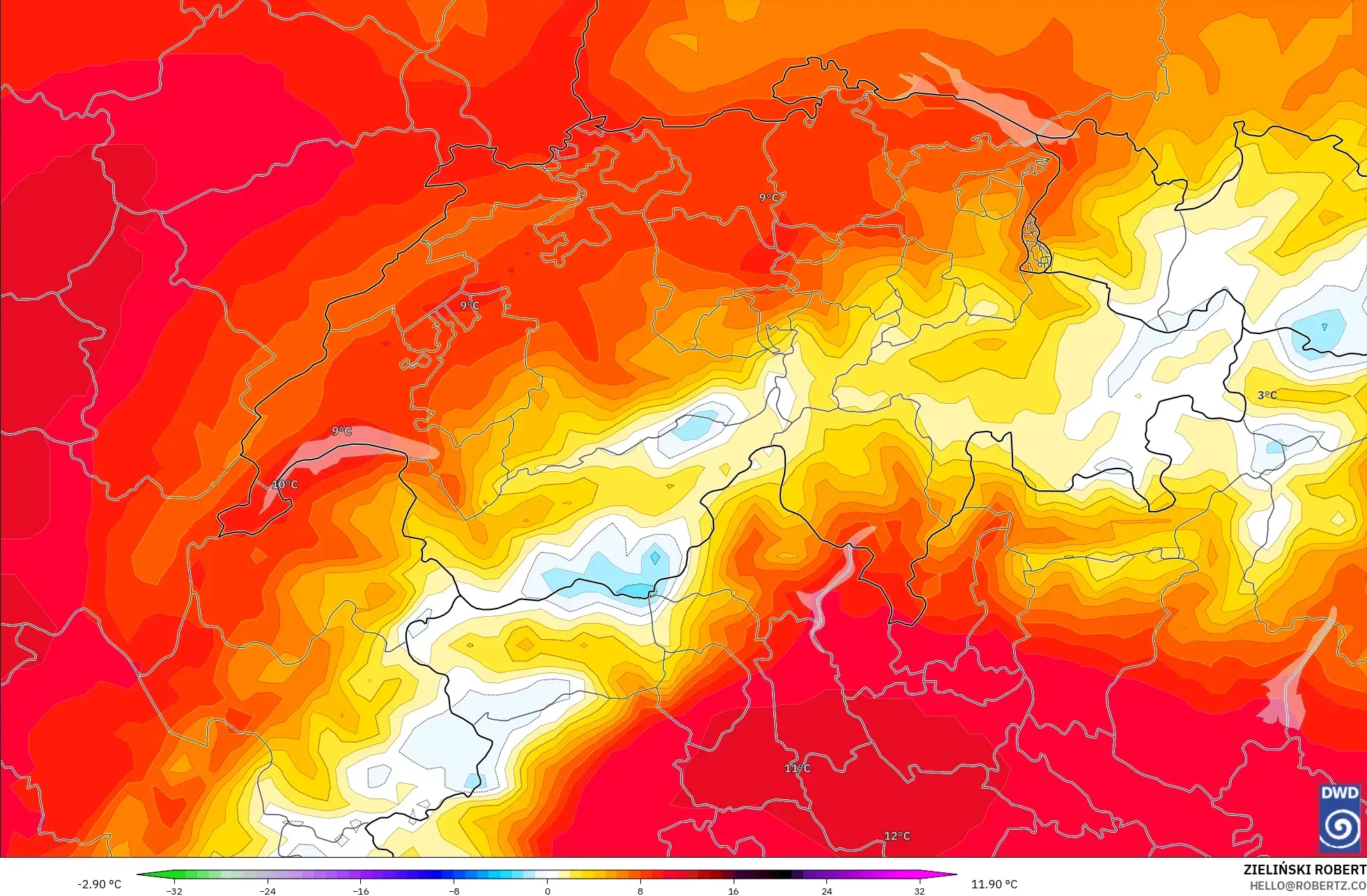 ICON modelo - Suiza, Anomalía de temperatura a 850 hPa