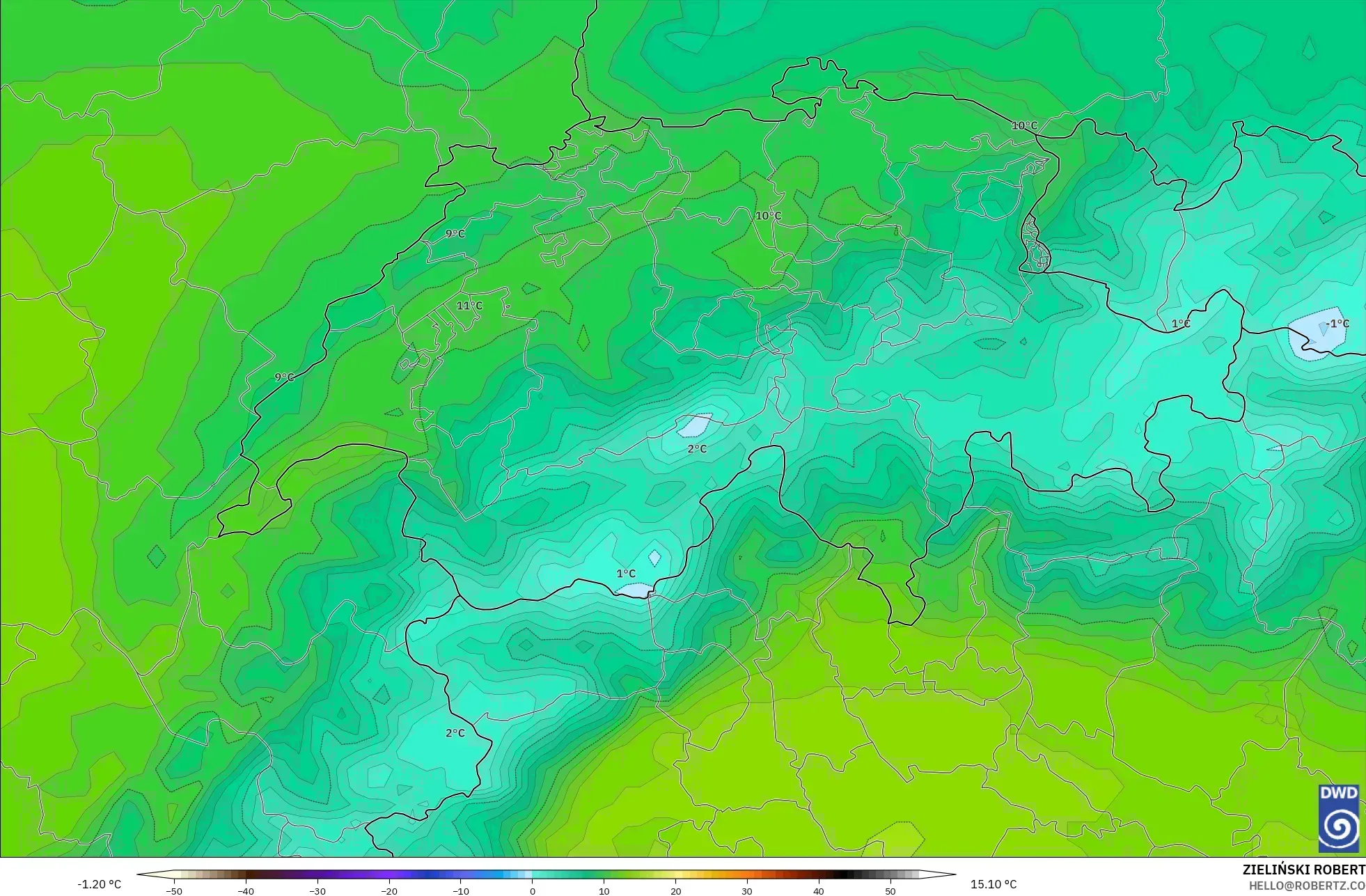 ICON modelo - Suiza, Temperatura a 850 hPa