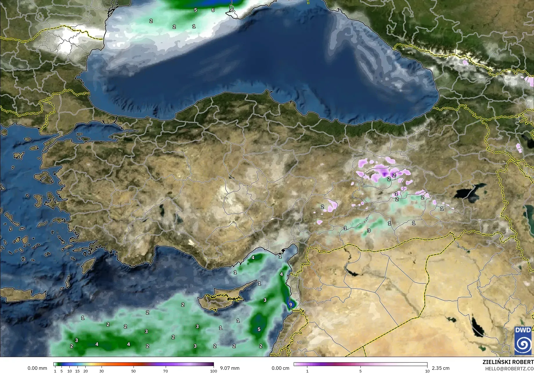 ICON modelo - Turquía, Precipitación, nubes y presión
