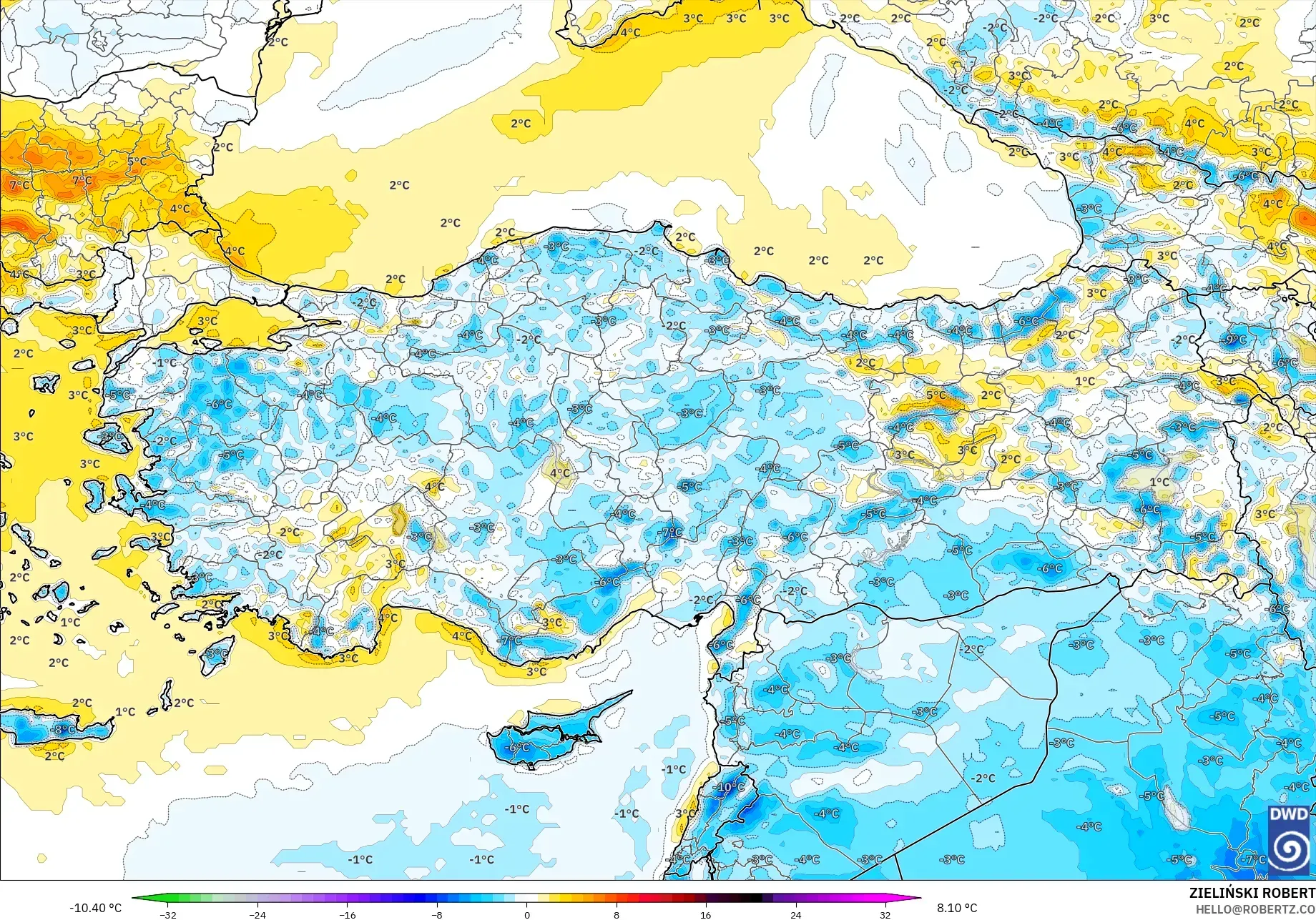 ICON modelo - Turquía, Anomalía de temperatura a 2 m