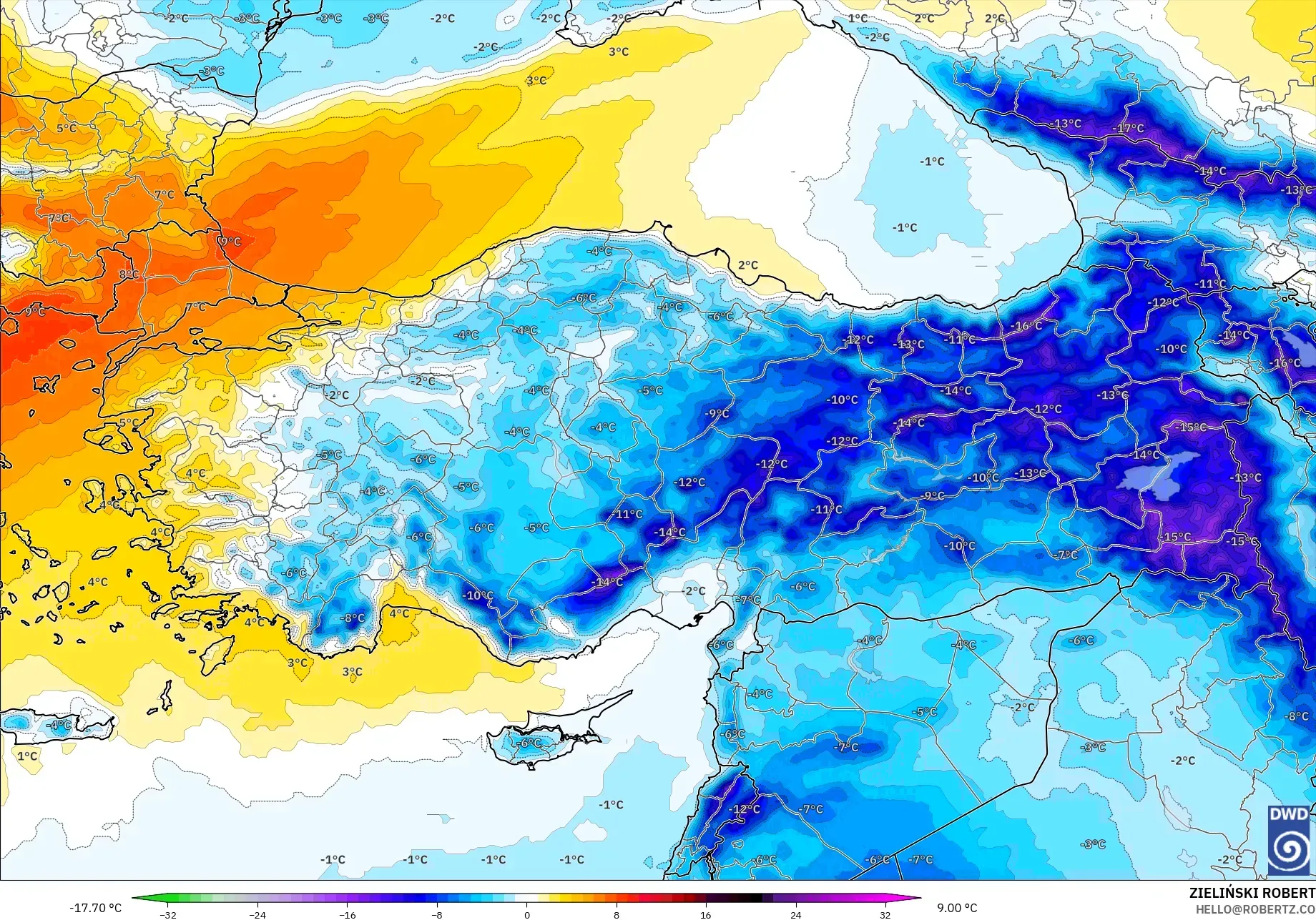 ICON modelo - Turquía, Anomalía de temperatura a 850 hPa