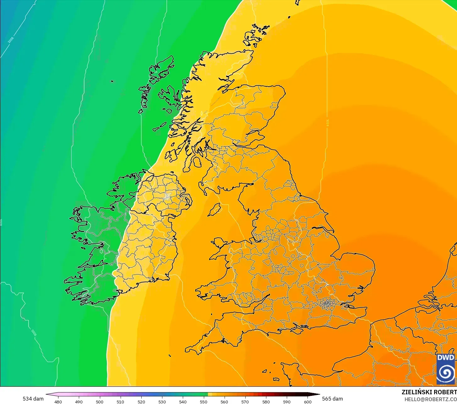 ICON modelo - Reino Unido, Altura geopotencial a 500 hPa