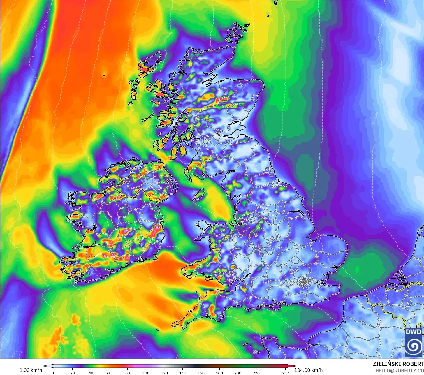 ICON modelo - Reino Unido, Ráfagas de viento