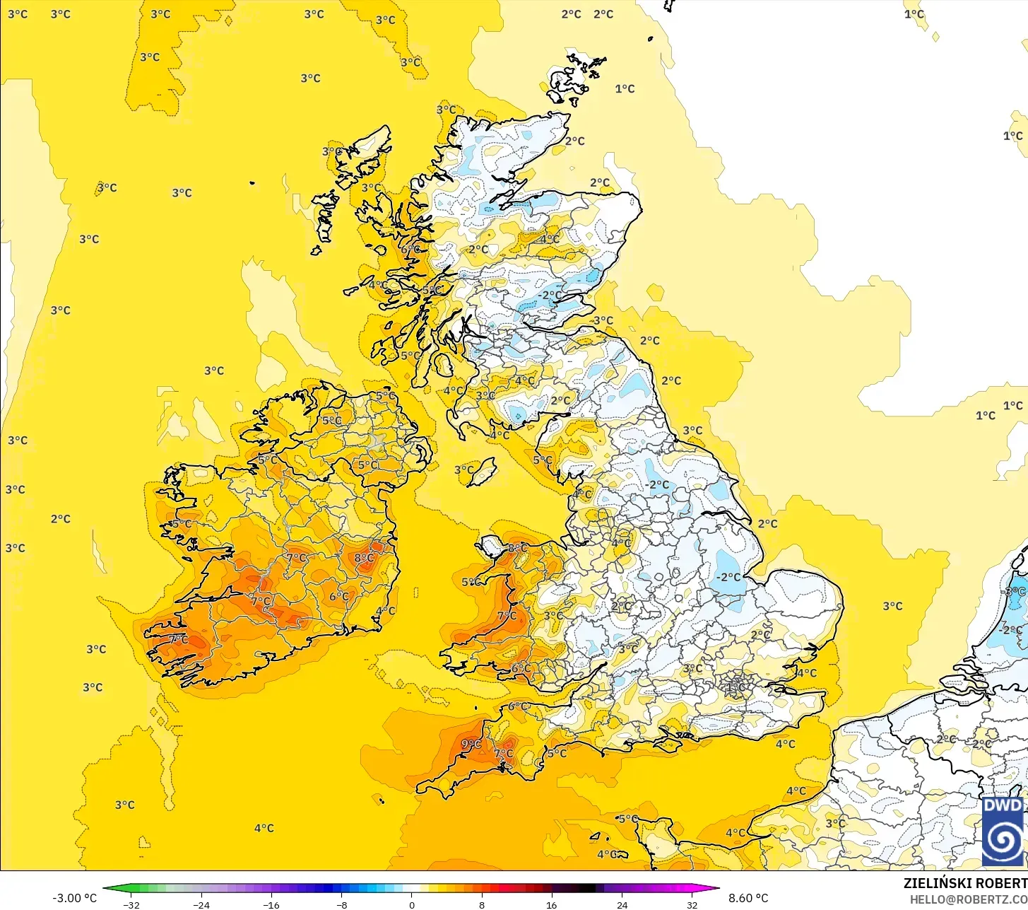 ICON modelo - Reino Unido, Anomalía de temperatura a 2 m