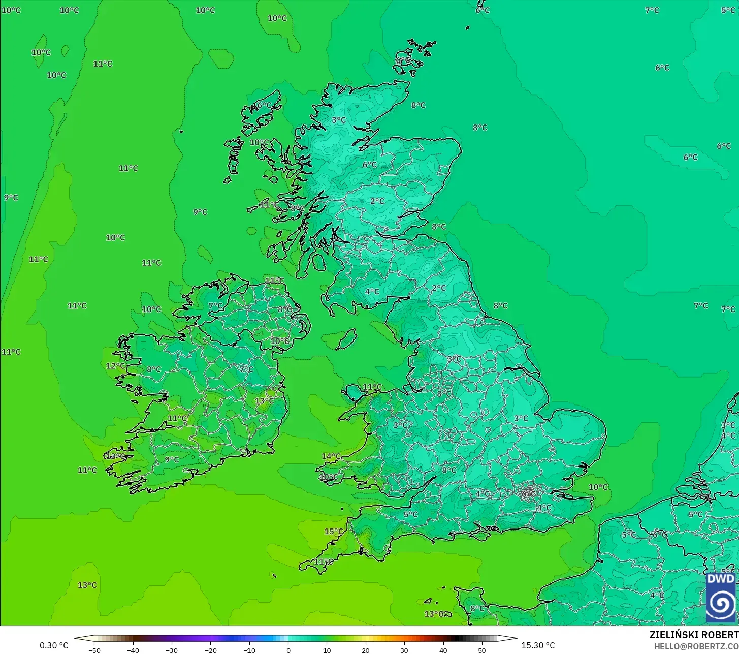 ICON modelo - Reino Unido, Temperatura a 2 m