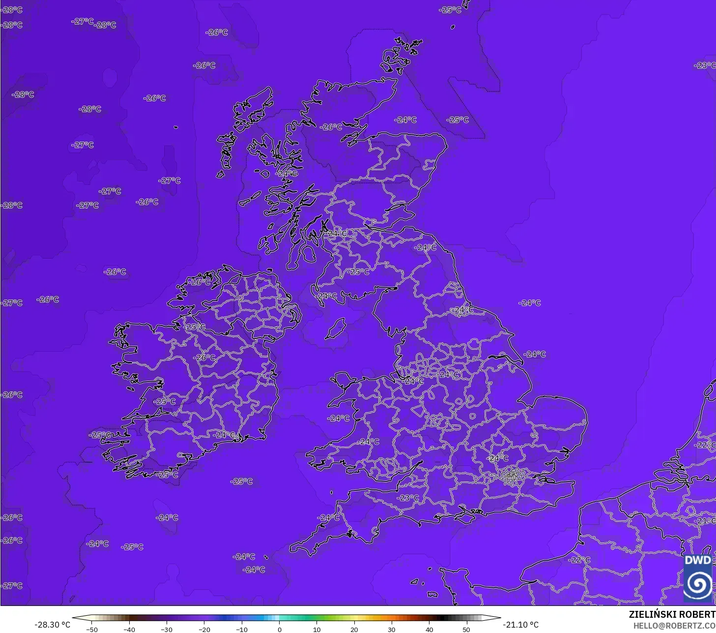 ICON modelo - Reino Unido, Temperatura a 500 hPa