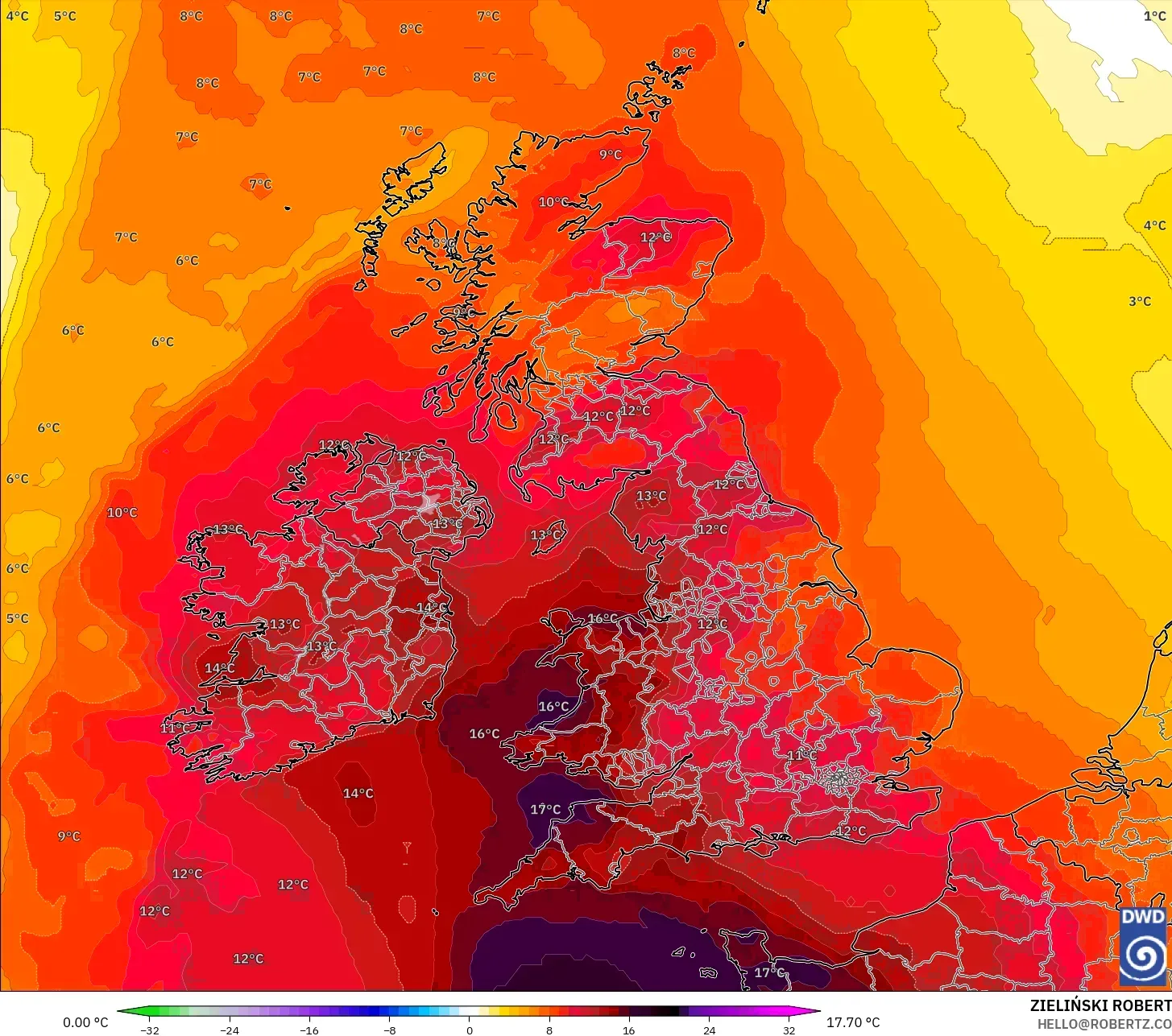 ICON modelo - Reino Unido, Anomalía de temperatura a 850 hPa