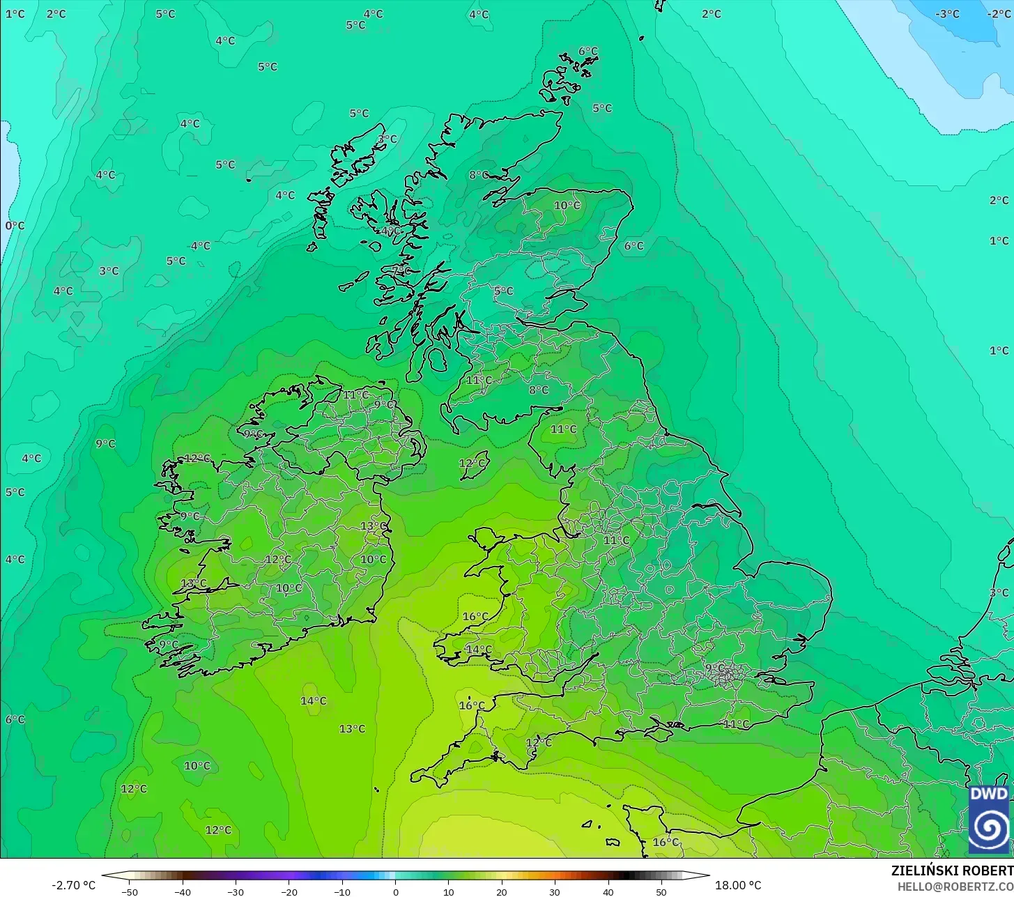 ICON modelo - Reino Unido, Temperatura a 850 hPa