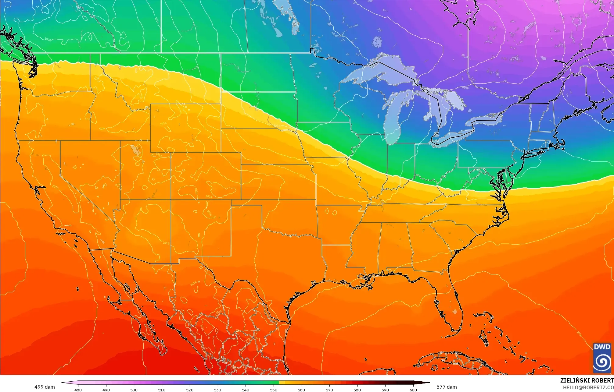 ICON modelo - Estados Unidos, Altura geopotencial a 500 hPa