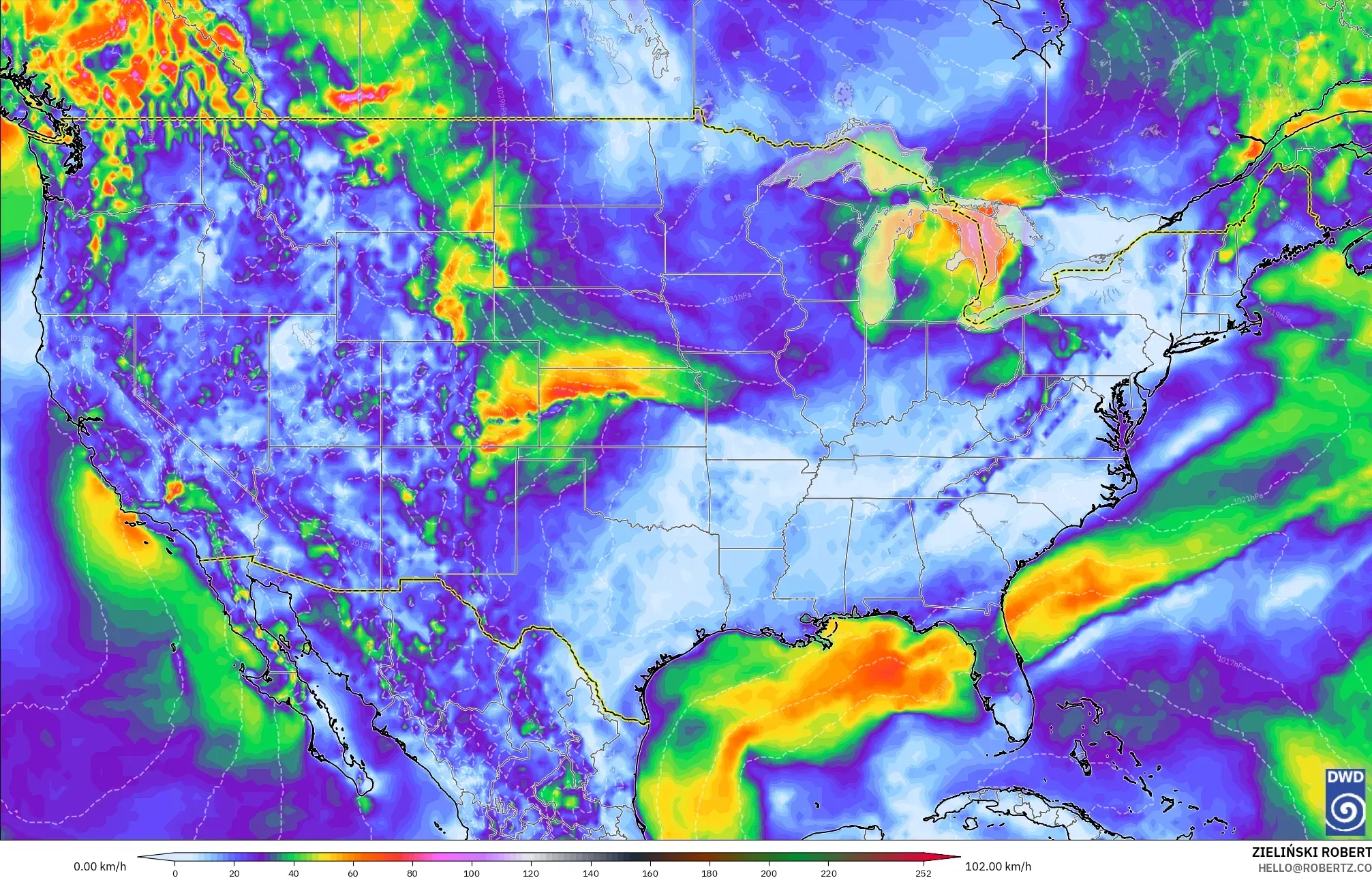 ICON modelo - Estados Unidos, Ráfagas de Viento Máximas