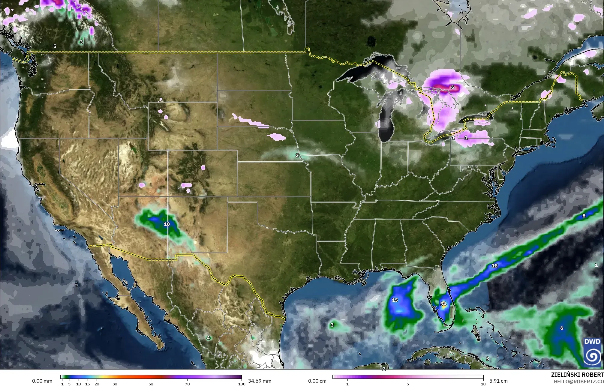 ICON modelo - Estados Unidos, Precipitación, nubes y presión