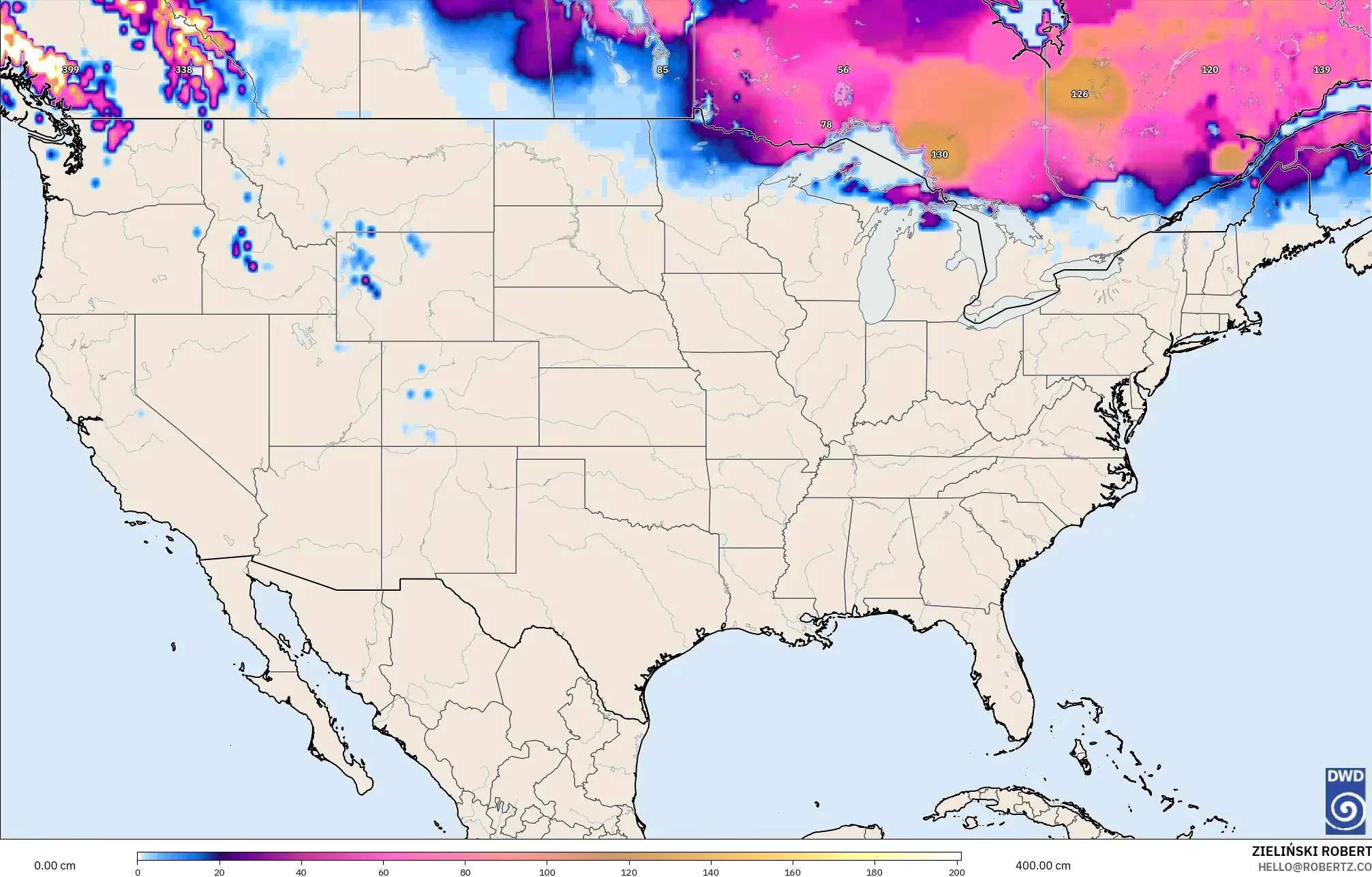 ICON modelo - Estados Unidos, Profundidad de nieve