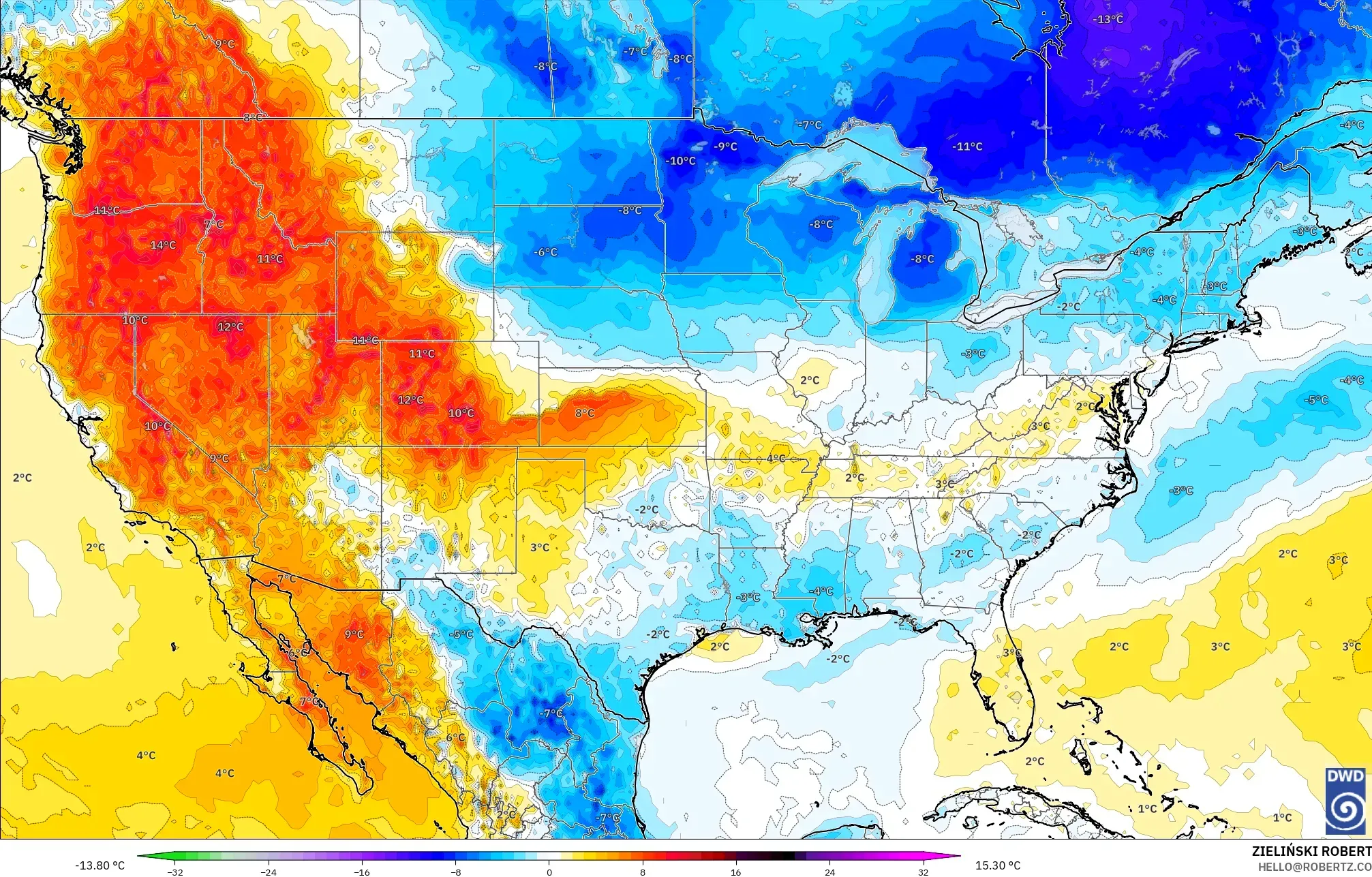 ICON modelo - Estados Unidos, Anomalía de temperatura a 2 m