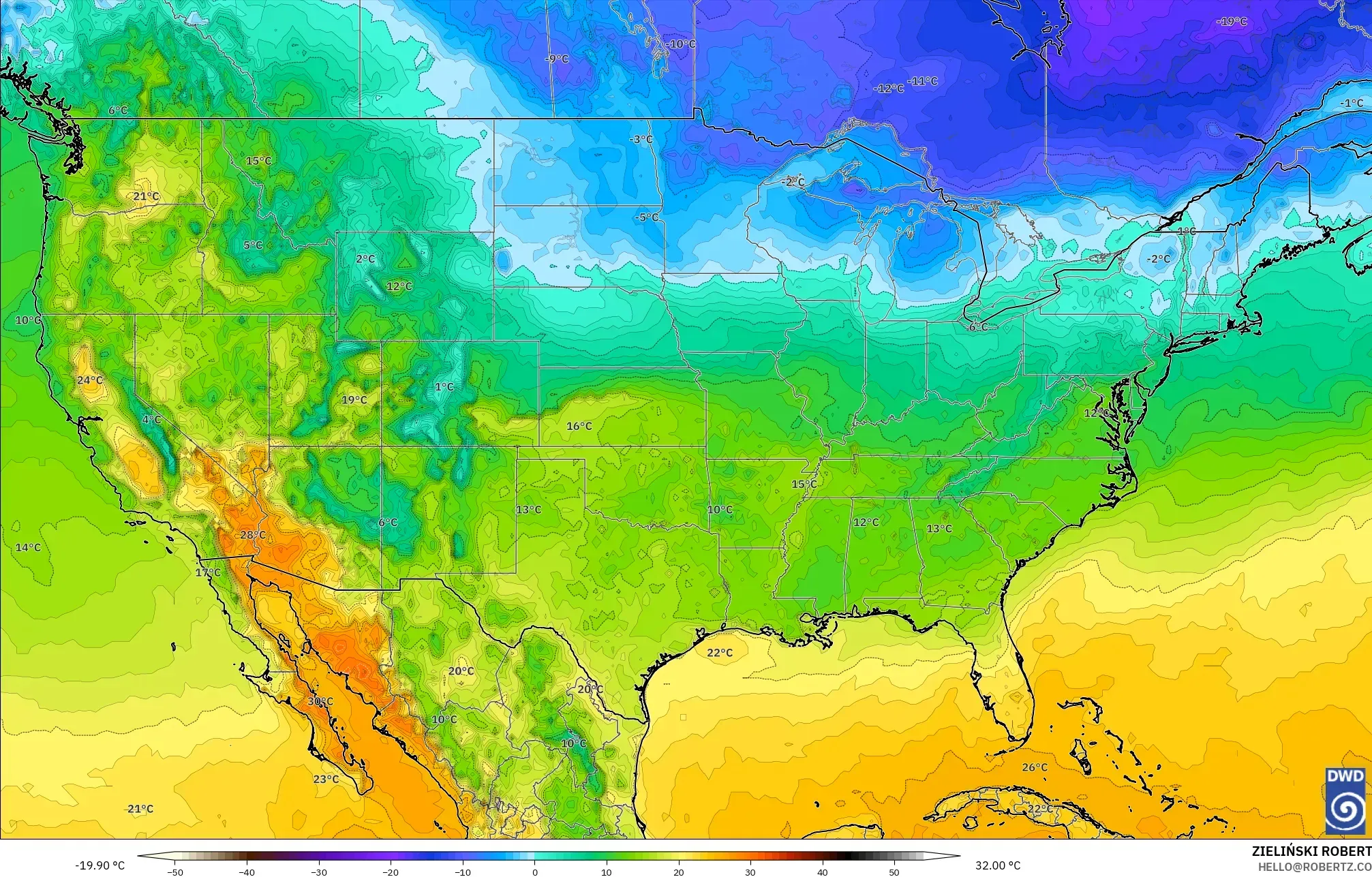 ICON modelo - Estados Unidos, Temperatura a 2 m