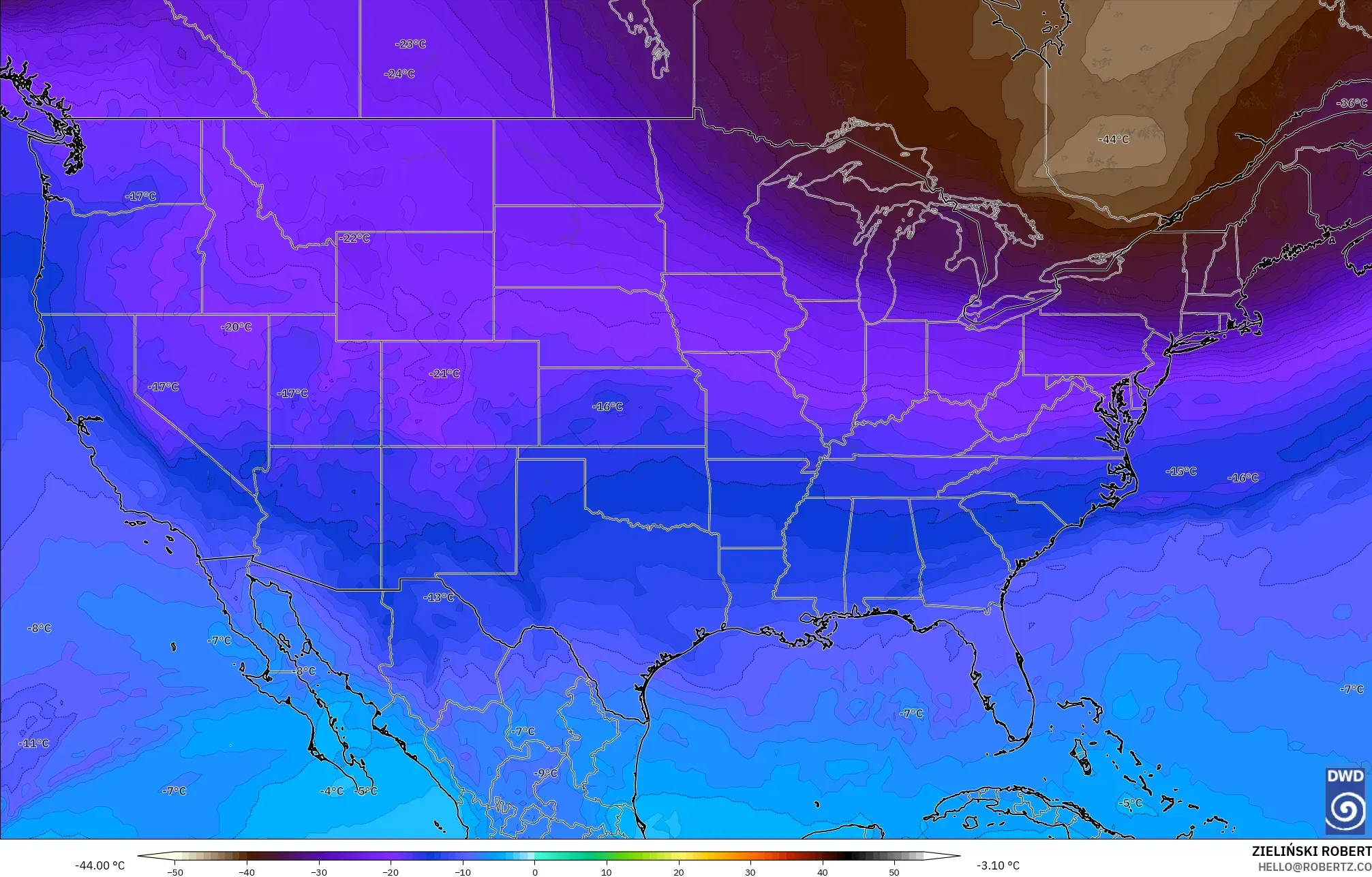 ICON modelo - Estados Unidos, Temperatura a 500 hPa