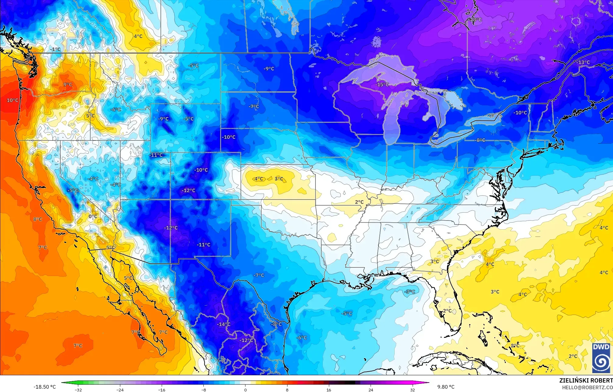ICON modelo - Estados Unidos, Anomalía de temperatura a 850 hPa