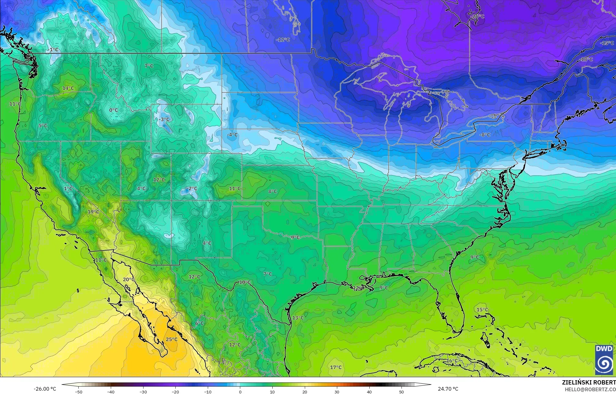 ICON modelo - Estados Unidos, Temperatura a 850 hPa