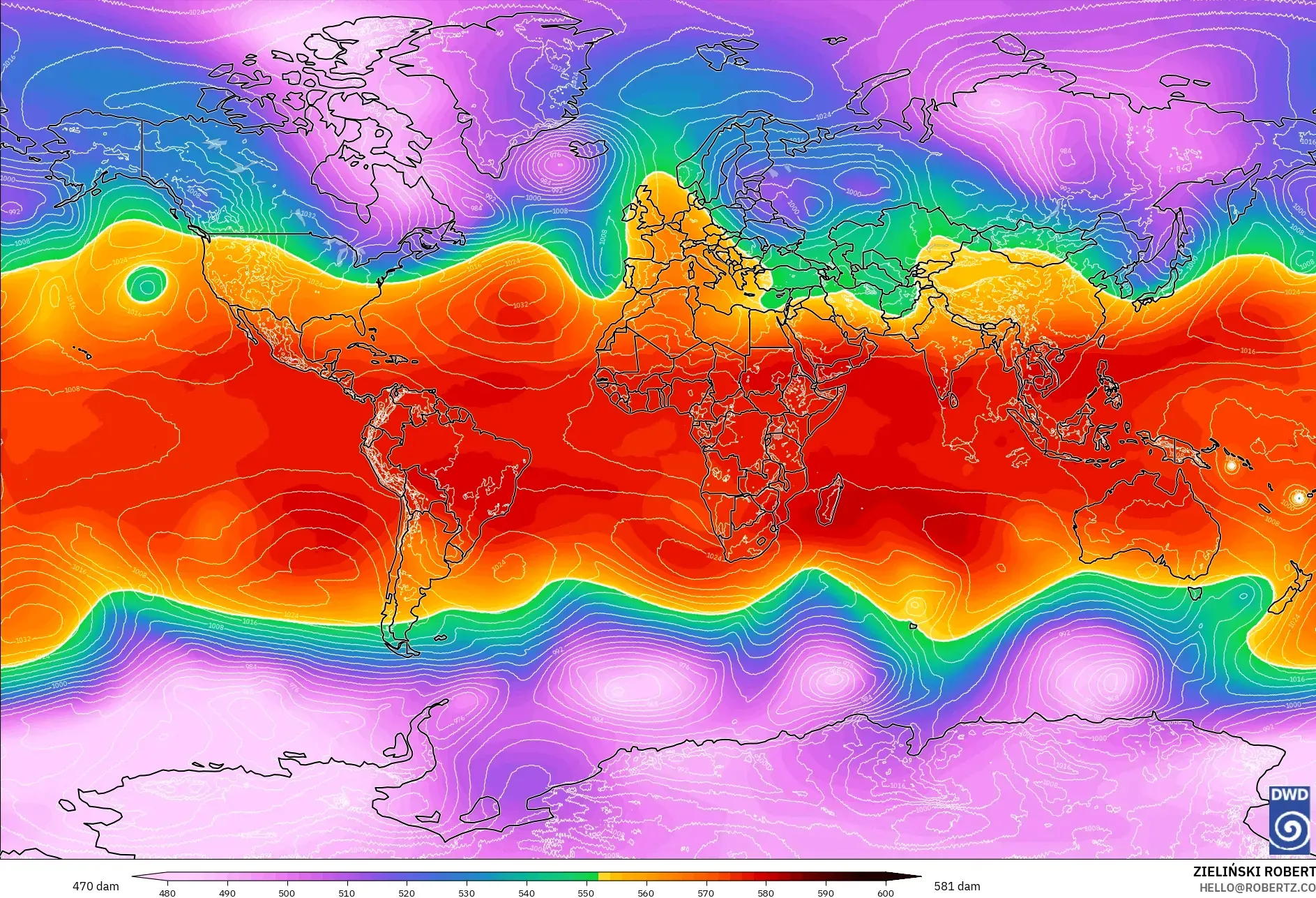 ICON modelo - Mundo, Altura geopotencial a 500 hPa