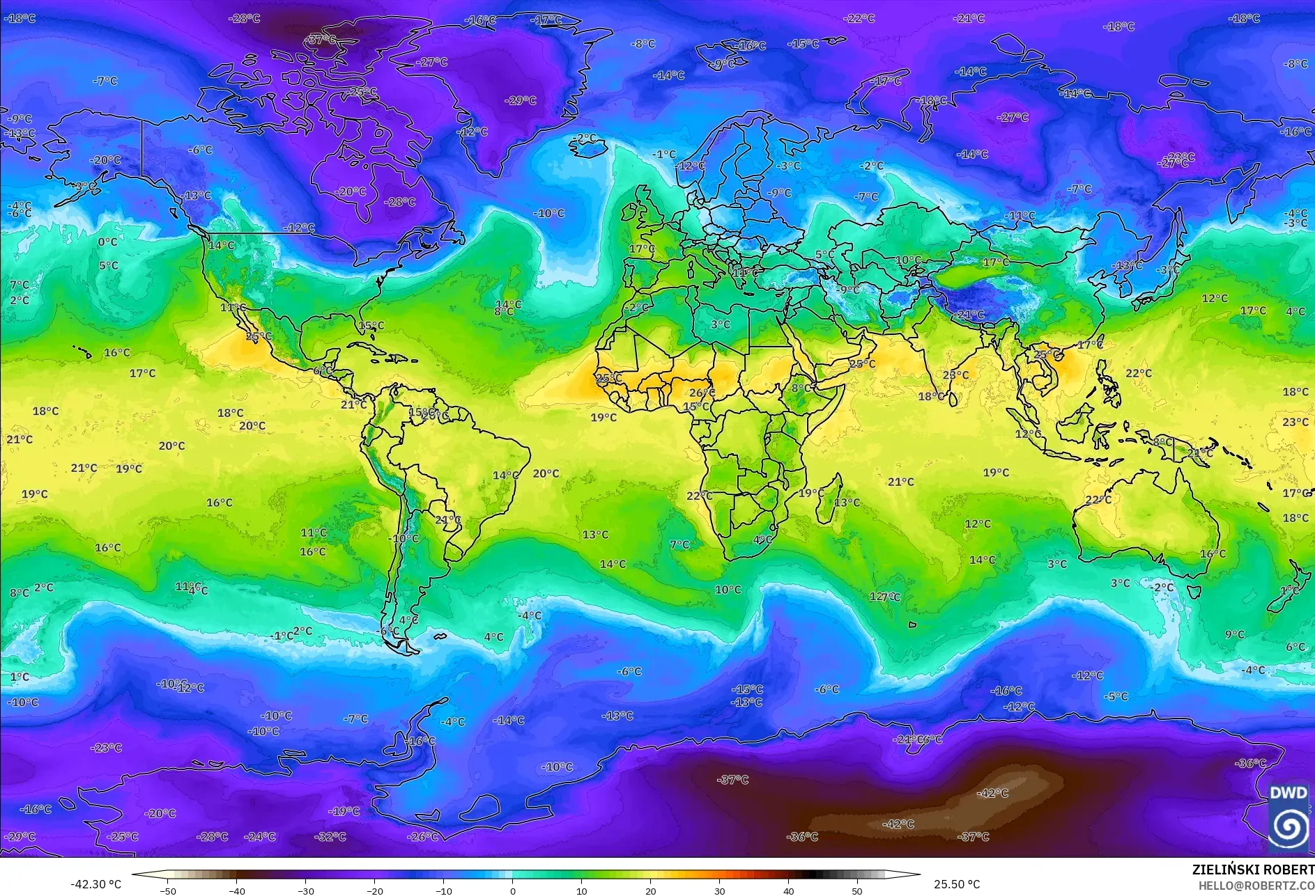 ICON modelo - Mundo, Temperatura a 850 hPa