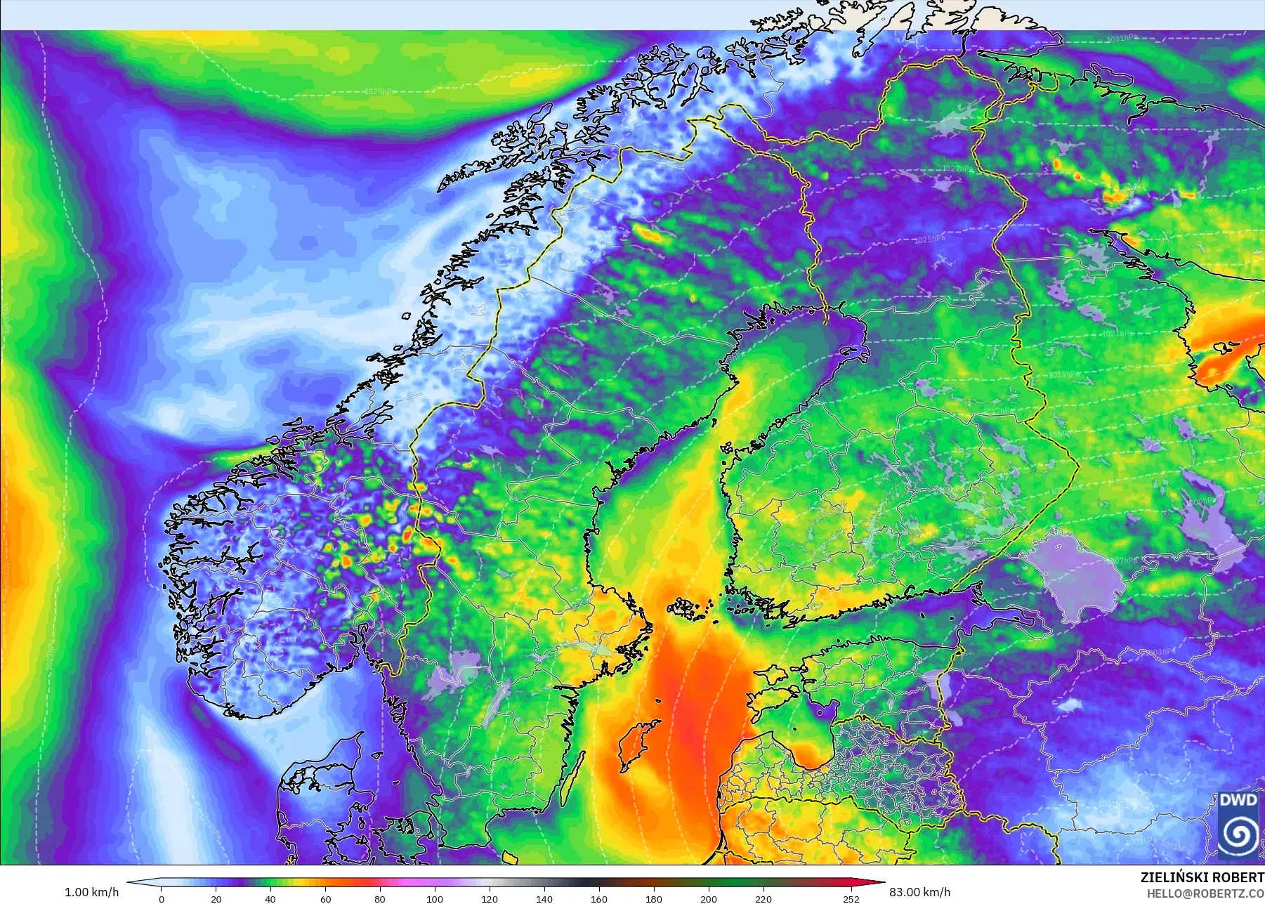 ICON modelo - Escandinavia, Ráfagas de viento