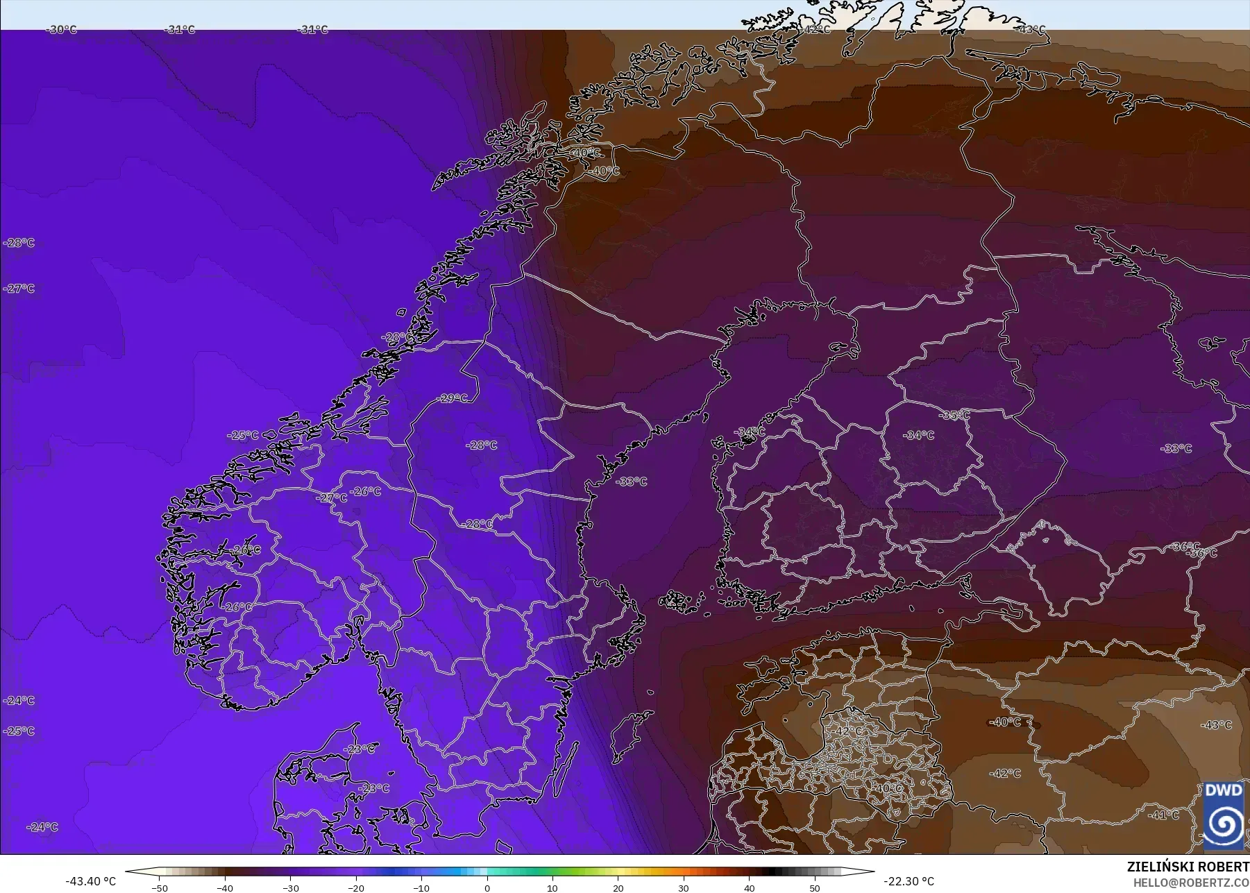 ICON modelo - Escandinavia, Temperatura a 500 hPa