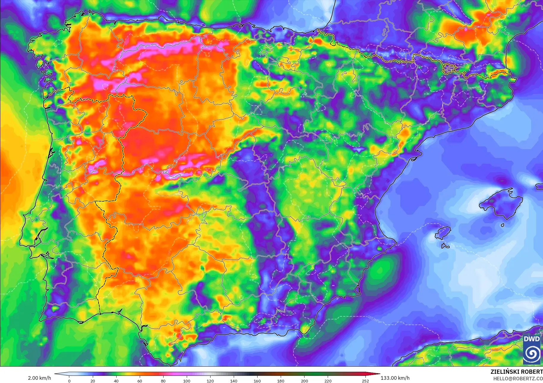 ICON modelo - España, Ráfagas de viento