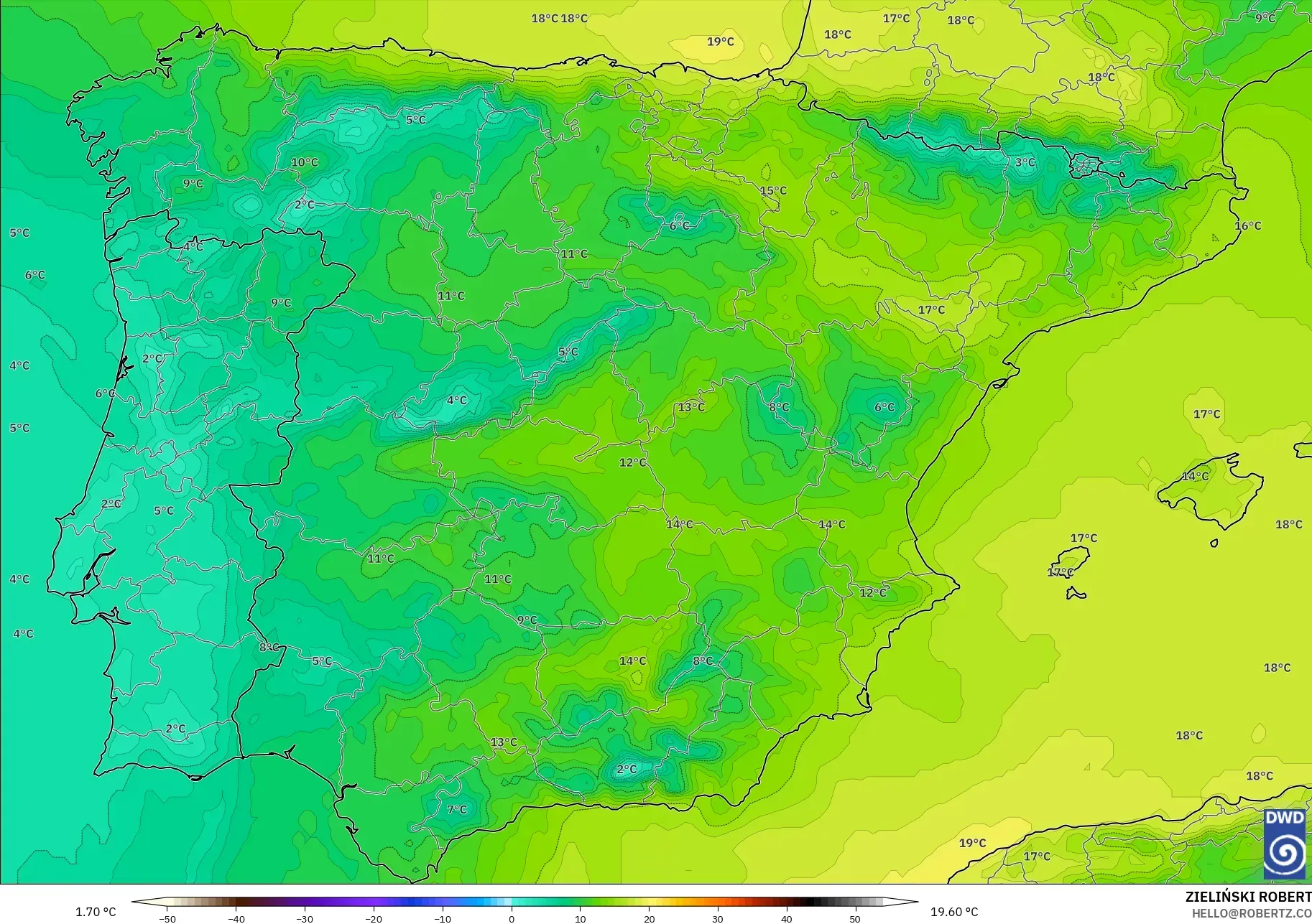 ICON modelo - España, Temperatura a 850 hPa