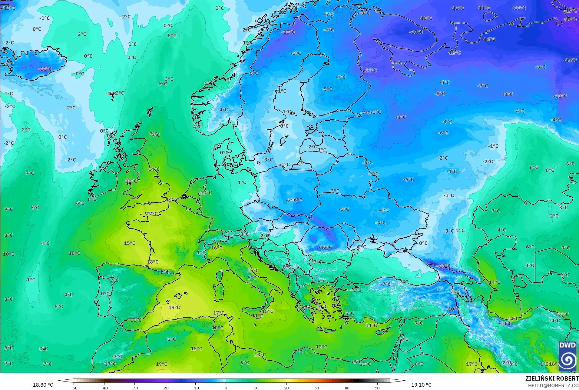 ICON modelo - Europa, Temperatura a 850 hPa