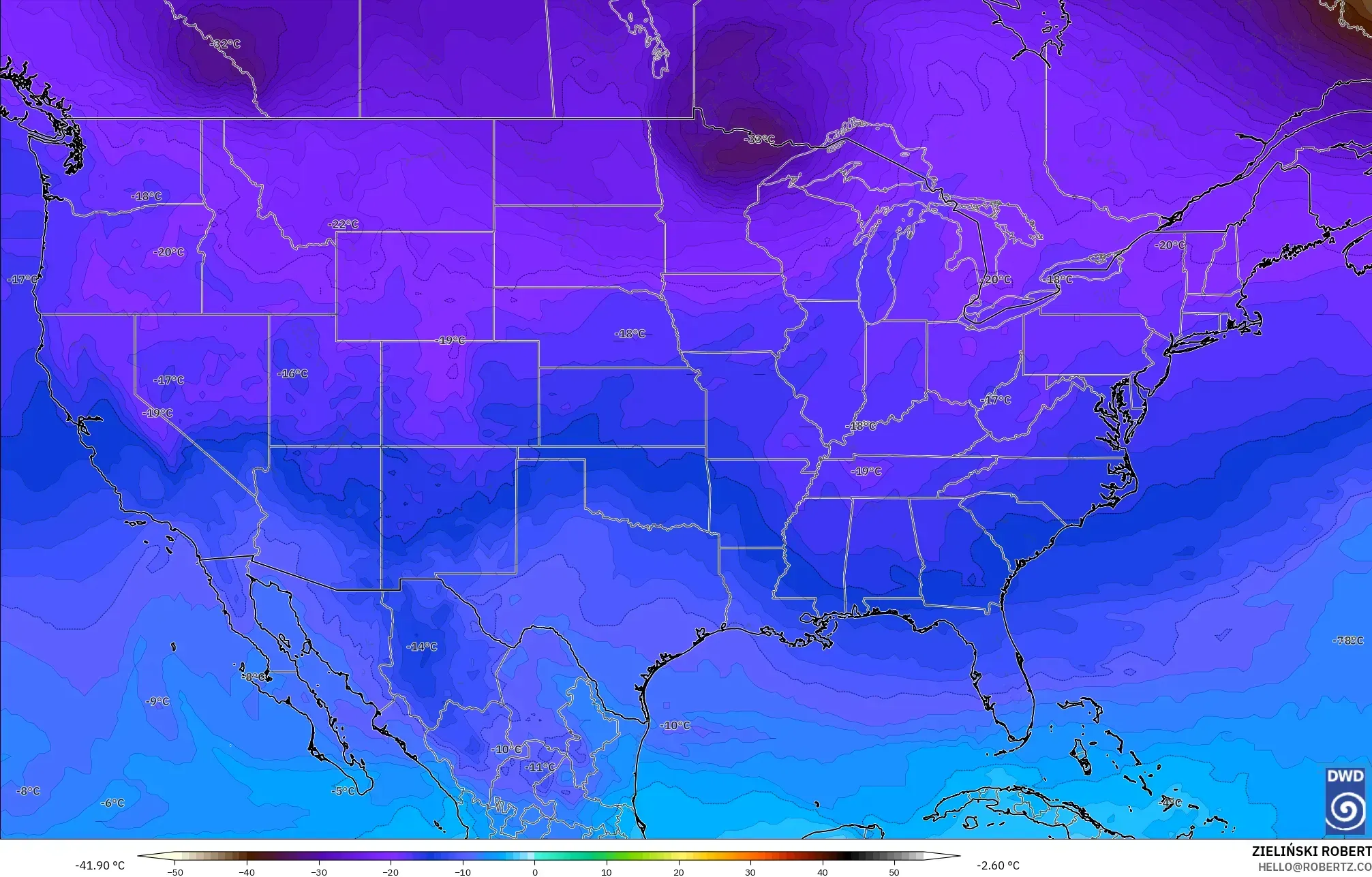 ICON modelo - Estados Unidos, Temperatura a 500 hPa