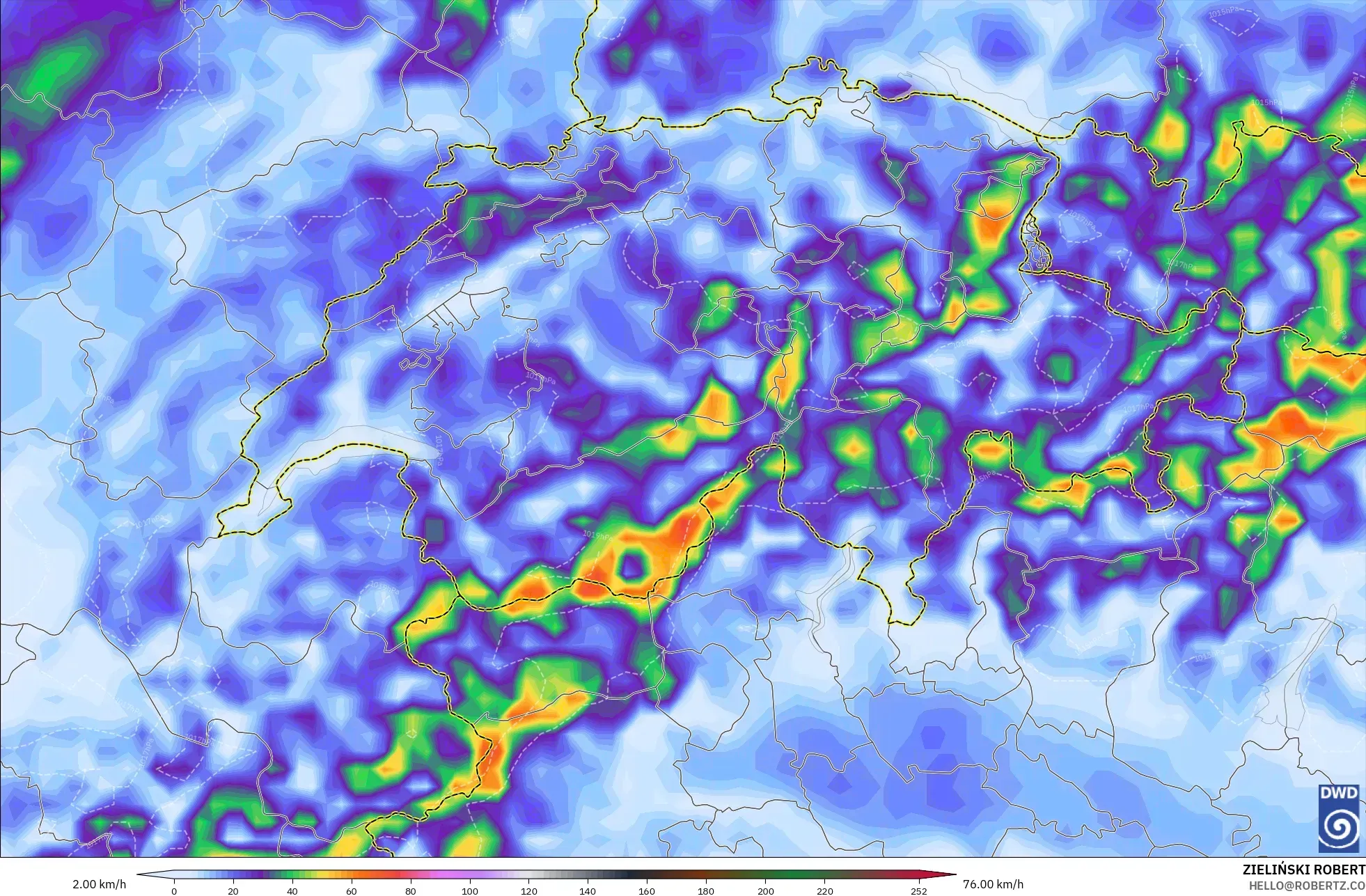 ICON modelo - Suiza, Ráfagas de Viento Máximas