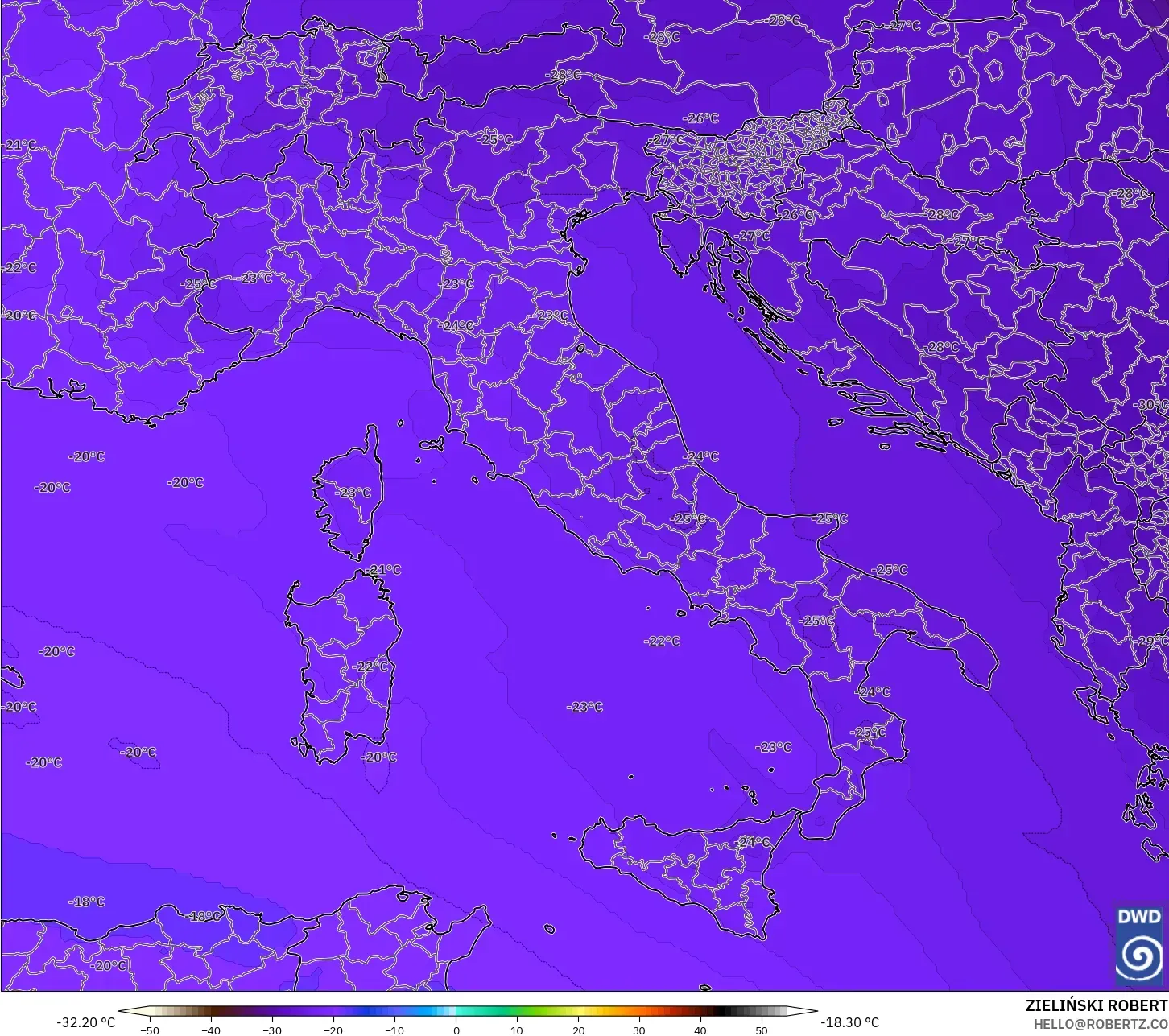 ICON modelo - Italia, Temperatura a 500 hPa