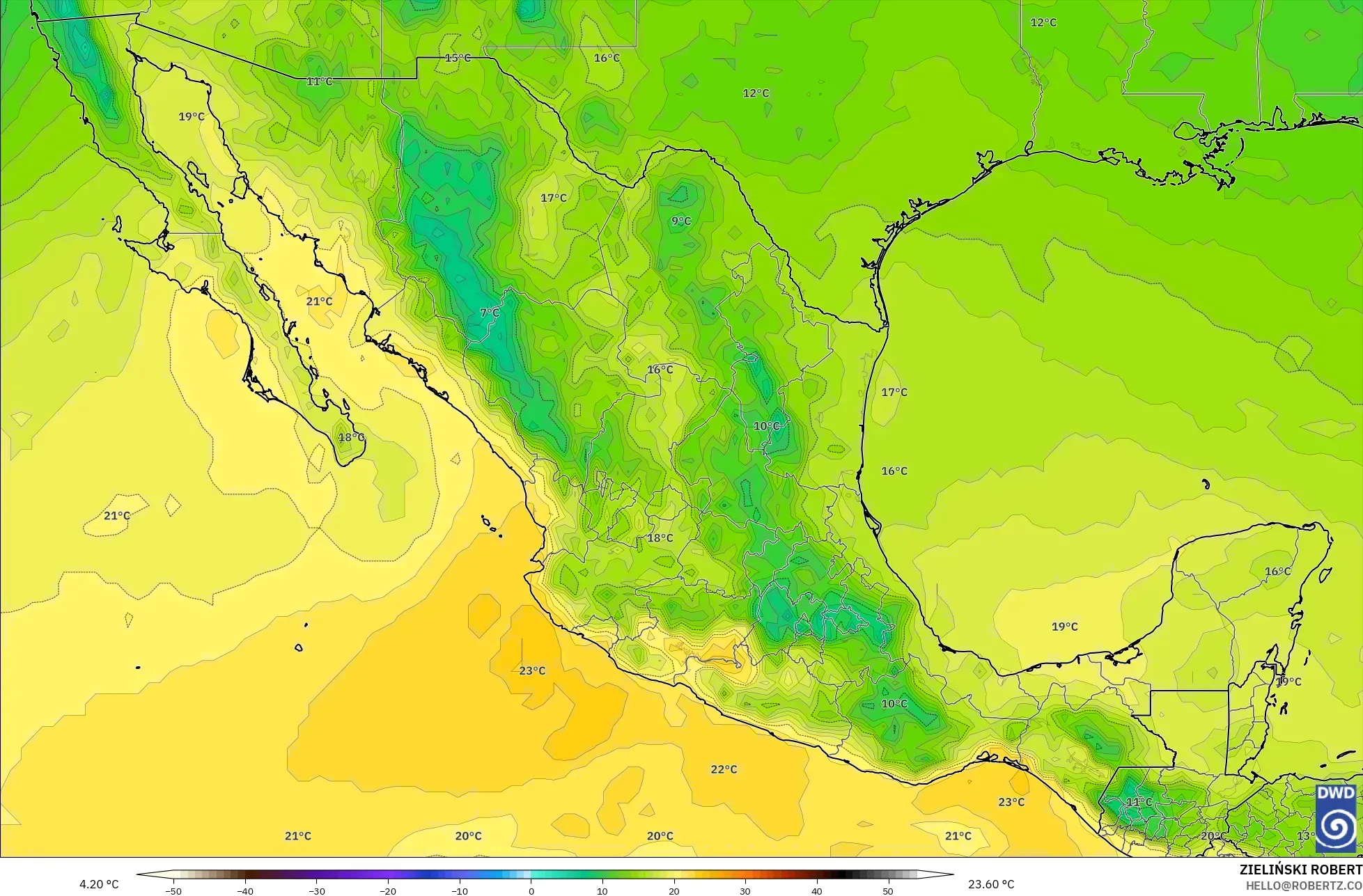 ICON modelo - México, Temperatura a 850 hPa