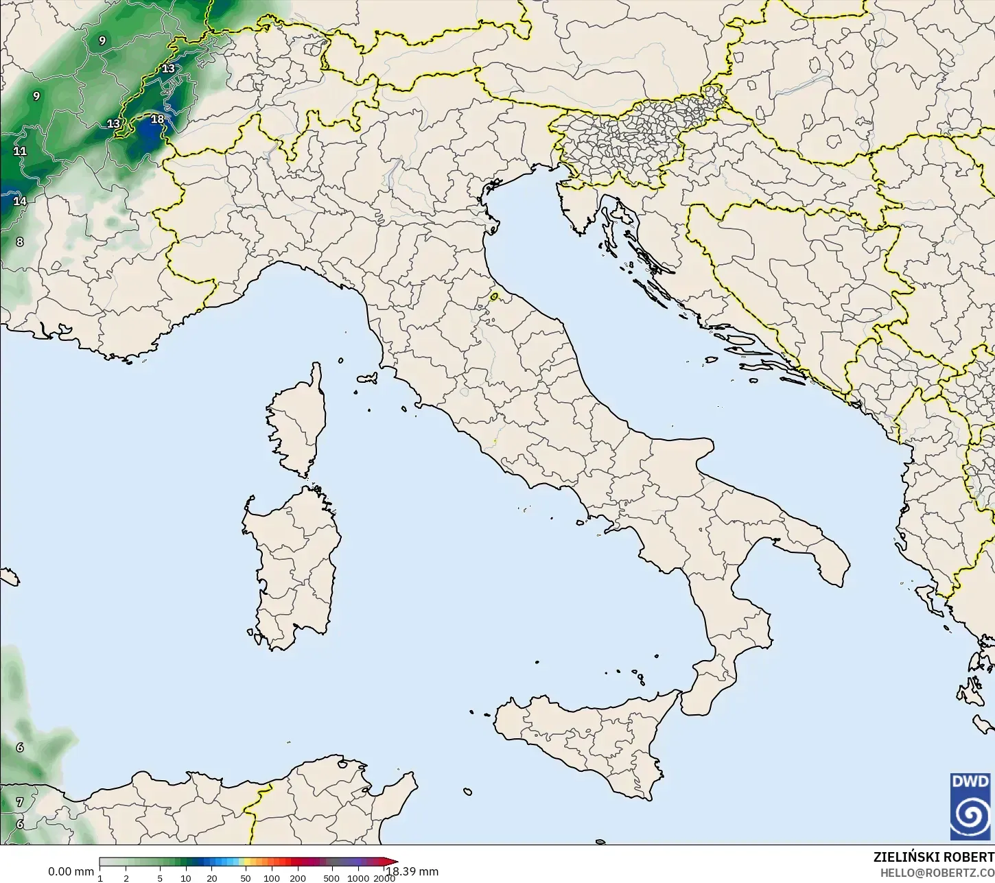 ICON modelo - Italia, Acumulación de precipitación