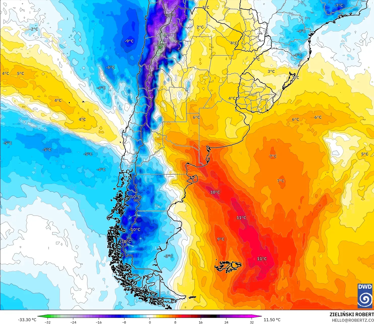 ICON modelo - Argentina, Anomalía de temperatura a 850 hPa