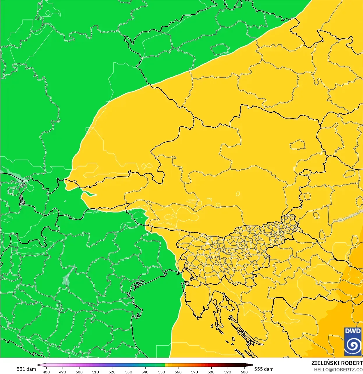 ICON modelo - Austria, Altura geopotencial a 500 hPa