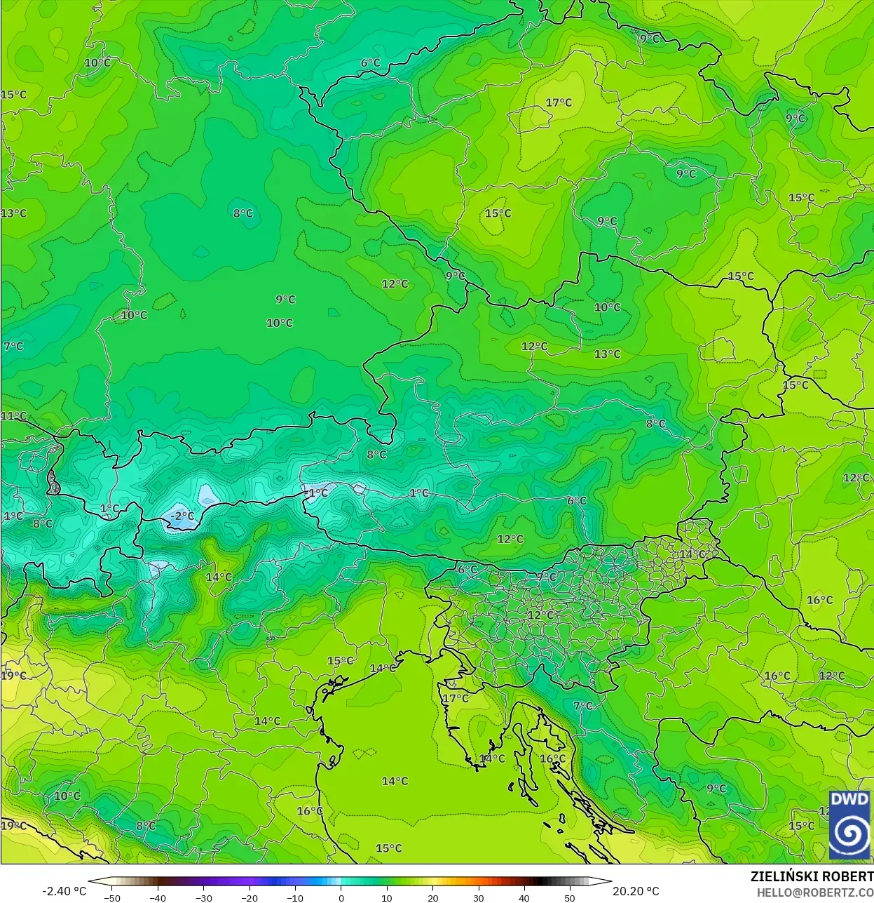 ICON modelo - Austria, Temperatura a 2 m