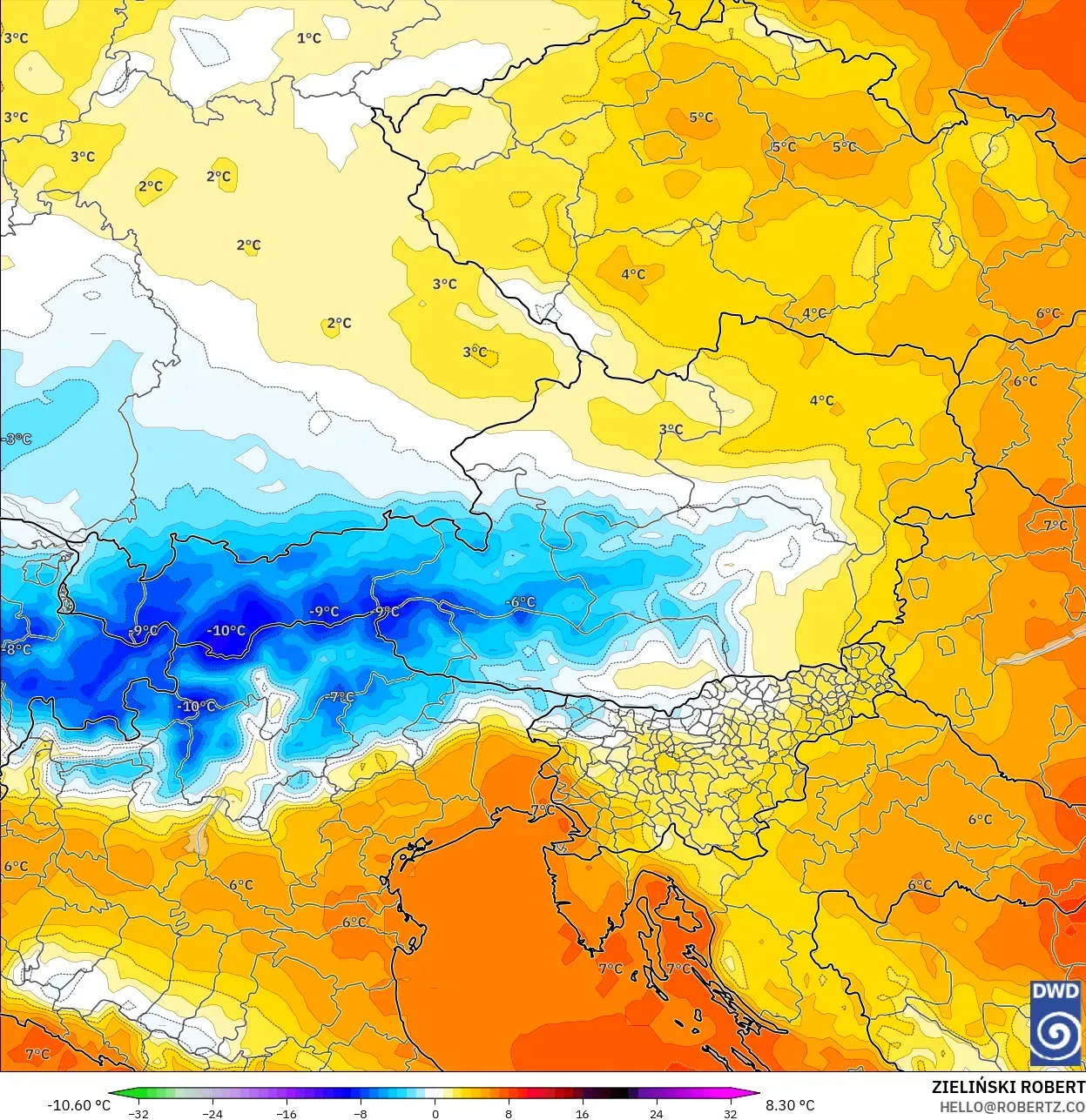 ICON modelo - Austria, Anomalía de temperatura a 850 hPa