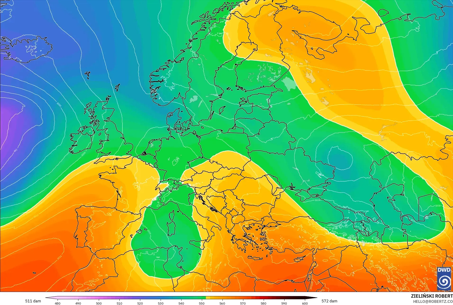 ICON modelo - Europa, Altura geopotencial a 500 hPa