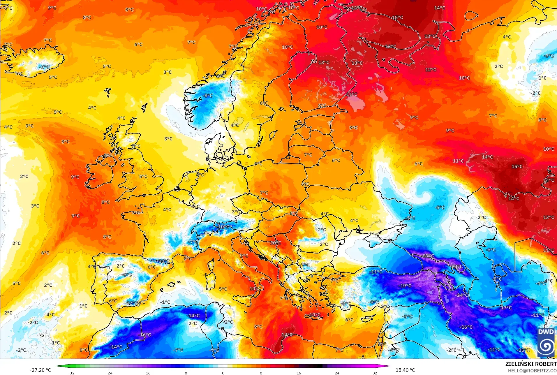 ICON modelo - Europa, Anomalía de temperatura a 850 hPa