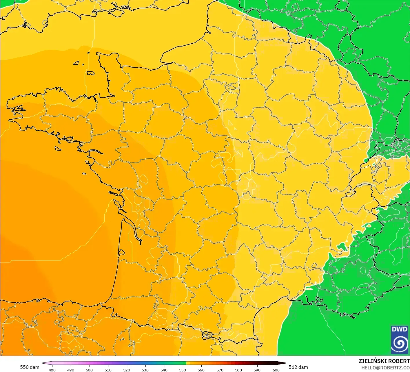 ICON modelo - Francia, Altura geopotencial a 500 hPa