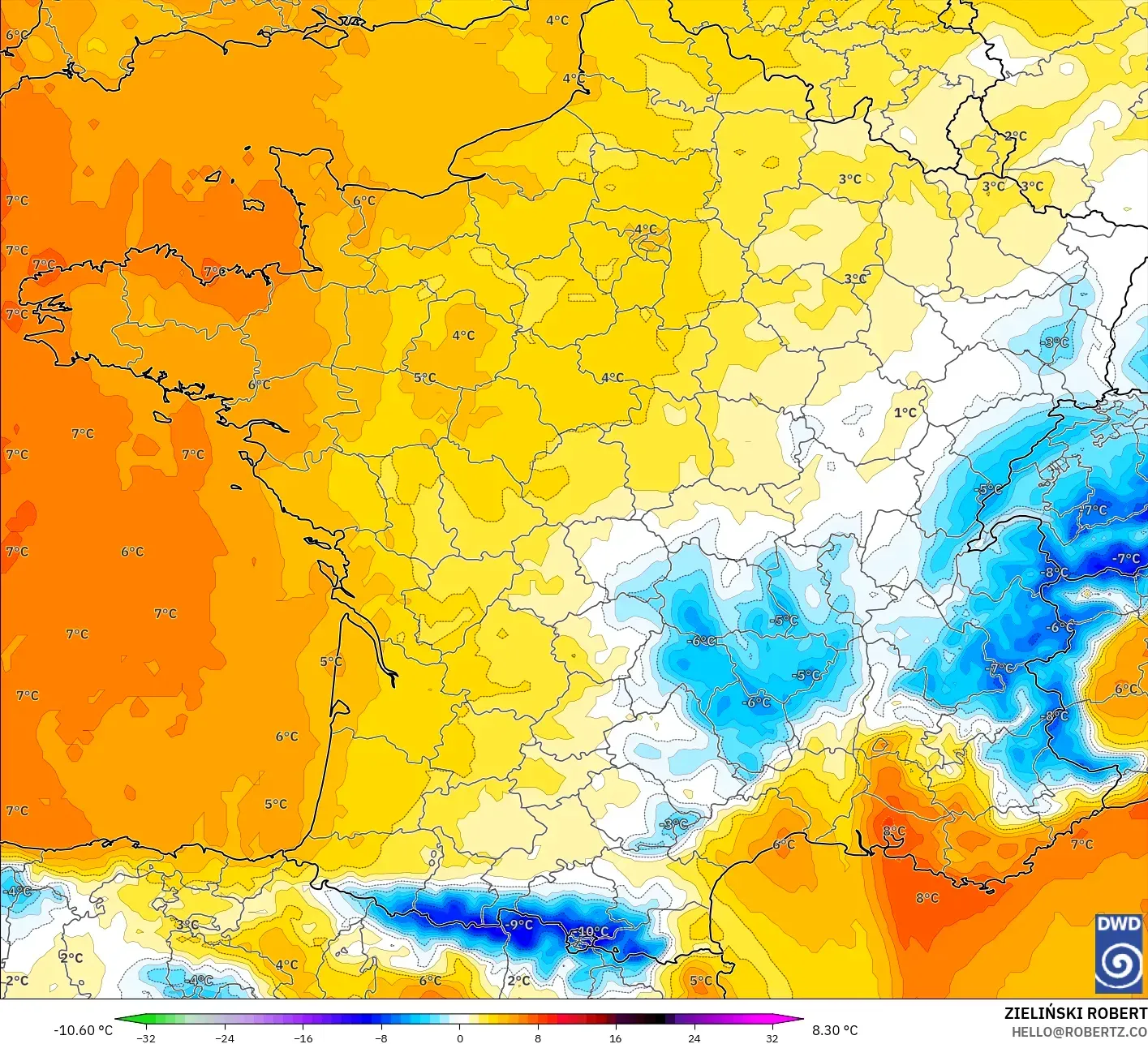 ICON modelo - Francia, Anomalía de temperatura a 850 hPa