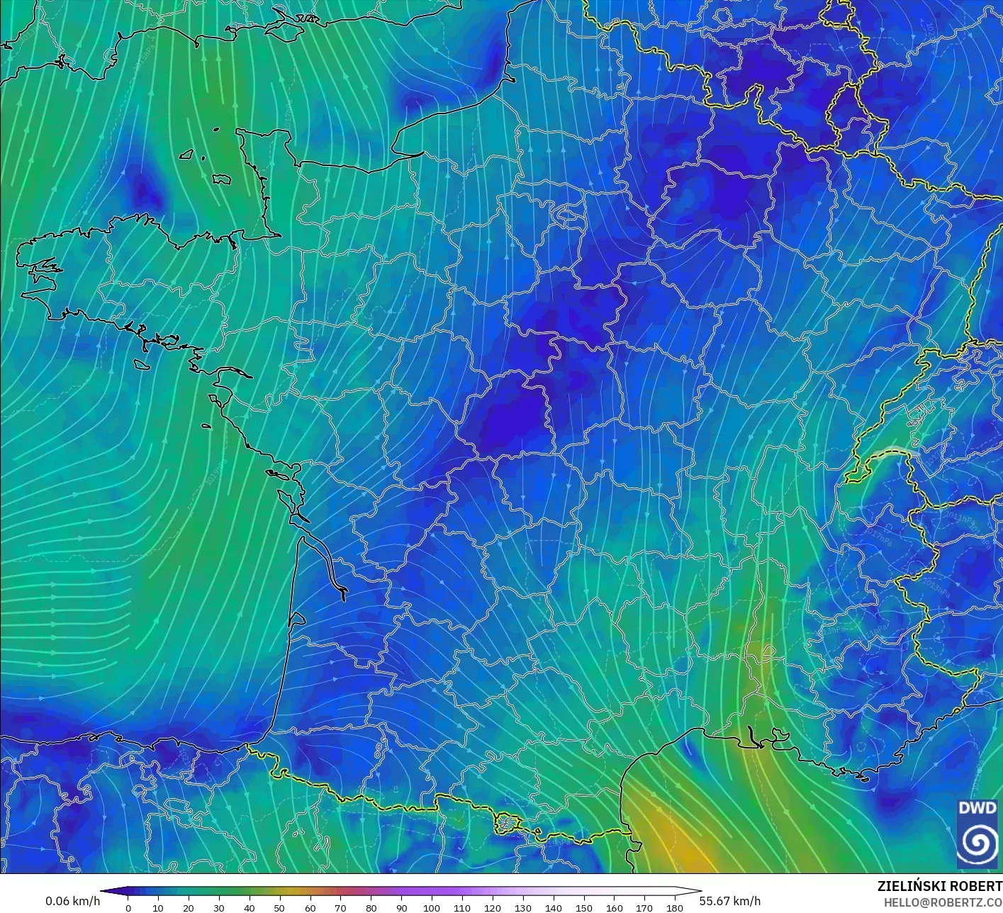 ICON modelo - Francia, Viento a 10 m