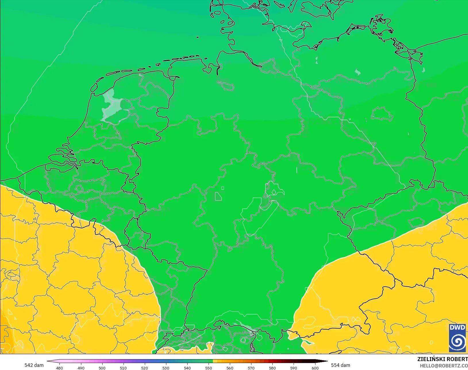 ICON modelo - Alemania, Altura geopotencial a 500 hPa