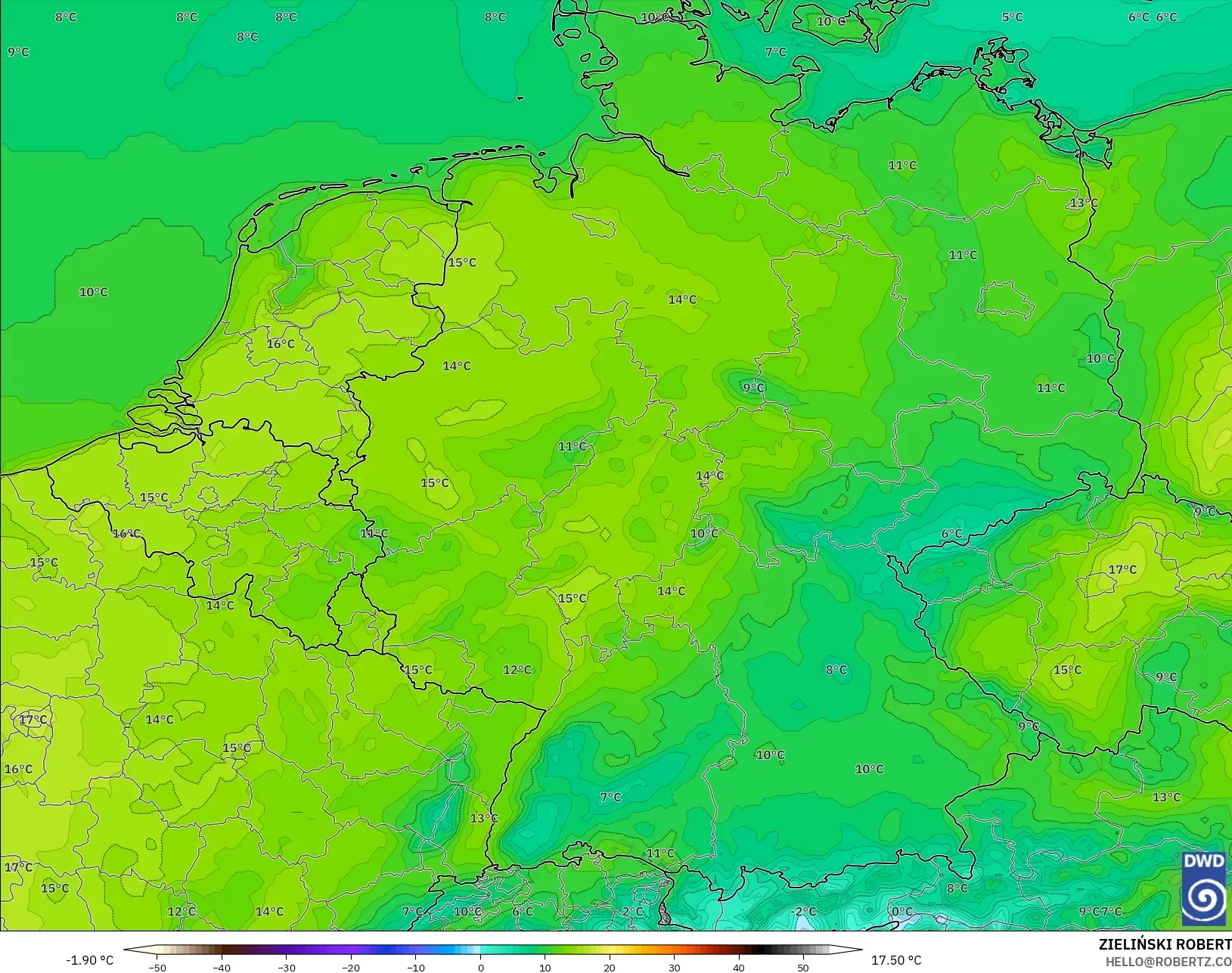 ICON modelo - Alemania, Temperatura a 2 m
