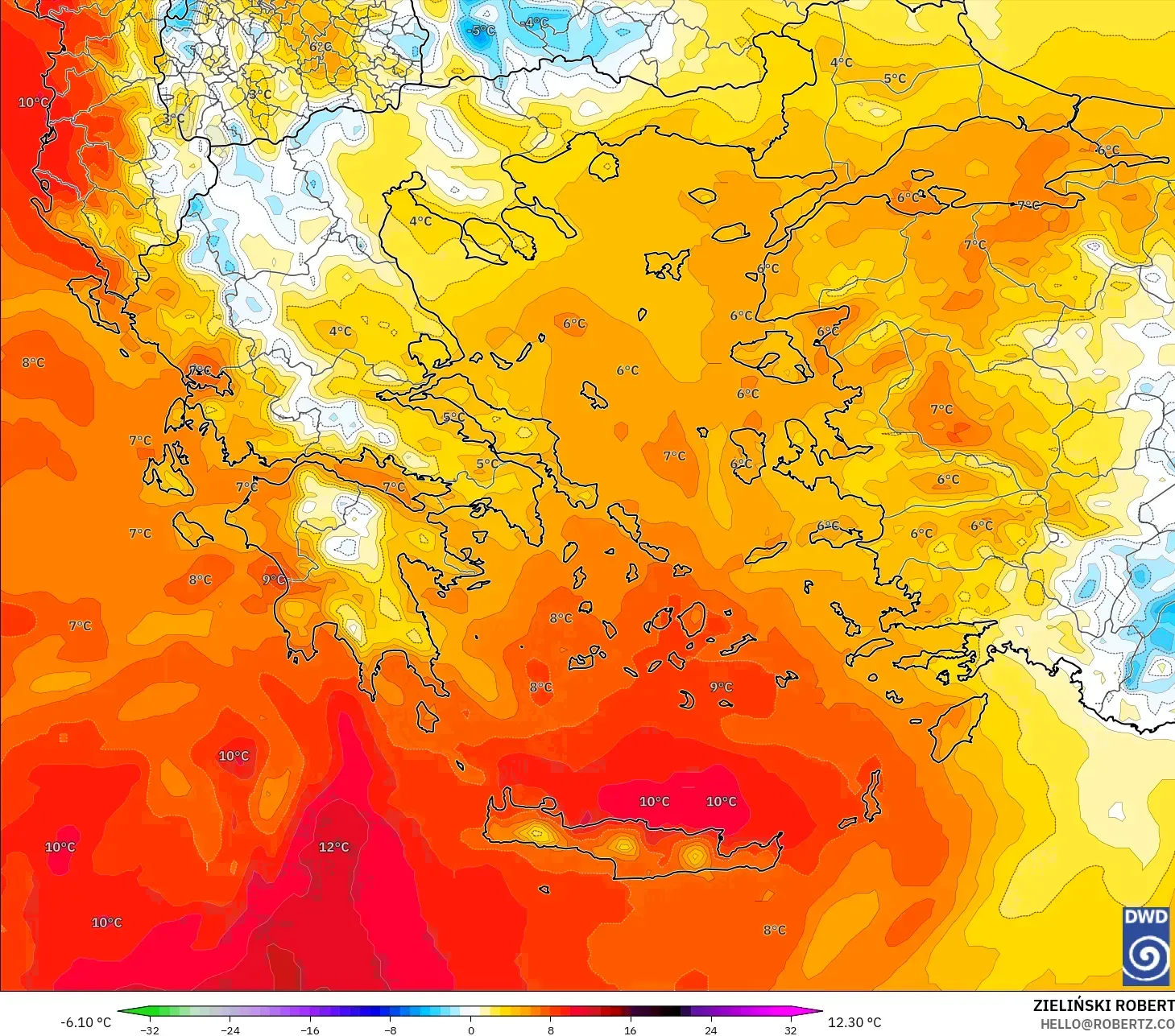 ICON modelo - Grecia, Anomalía de temperatura a 850 hPa