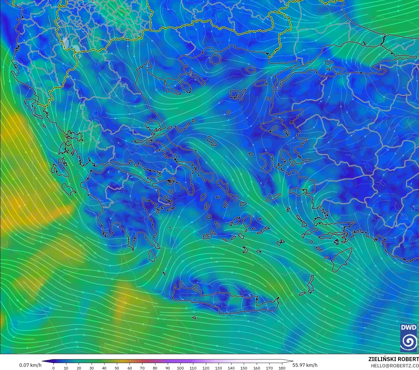 ICON modelo - Grecia, Viento a 10 m