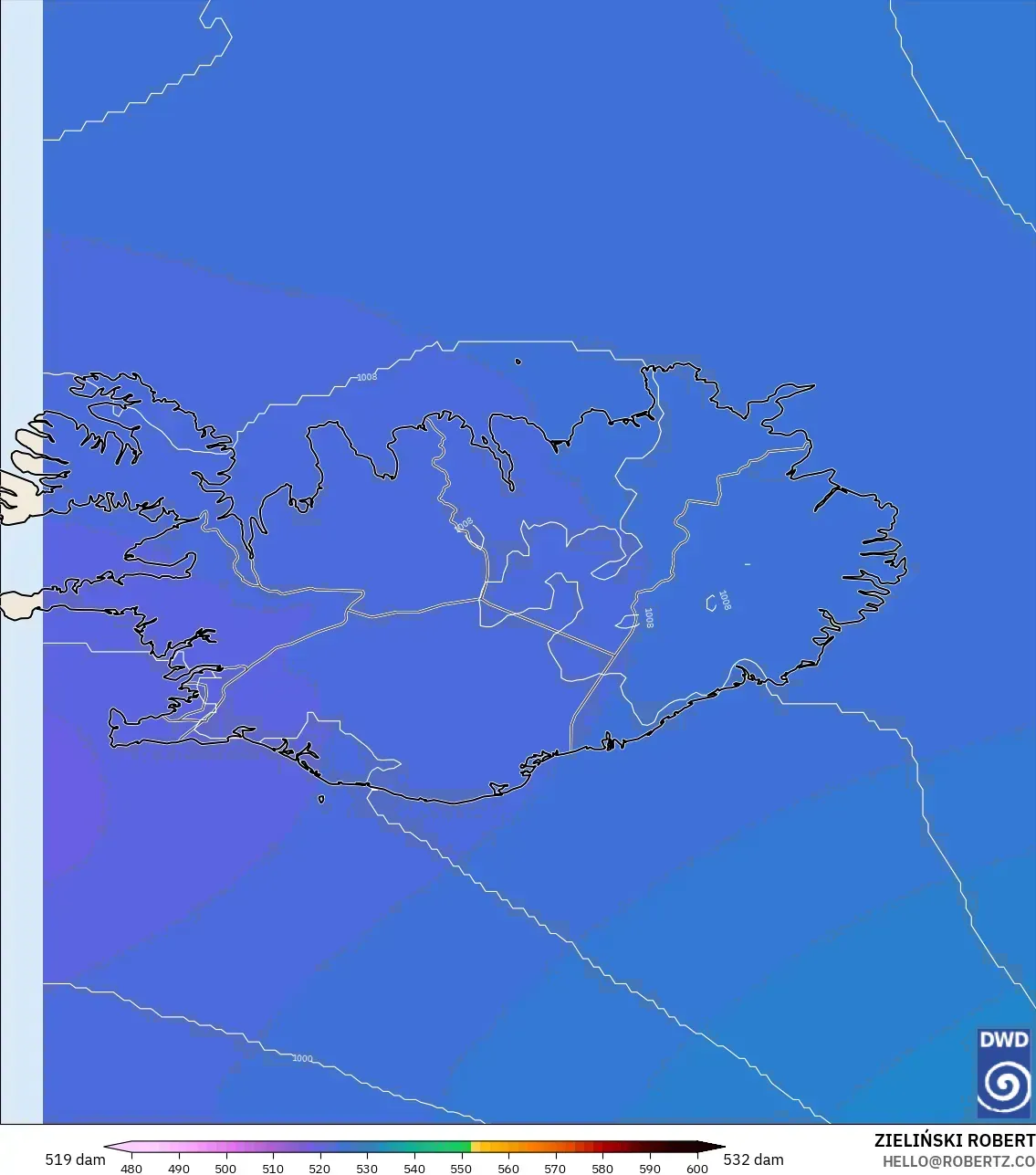 ICON modelo - Islandia, Altura geopotencial a 500 hPa